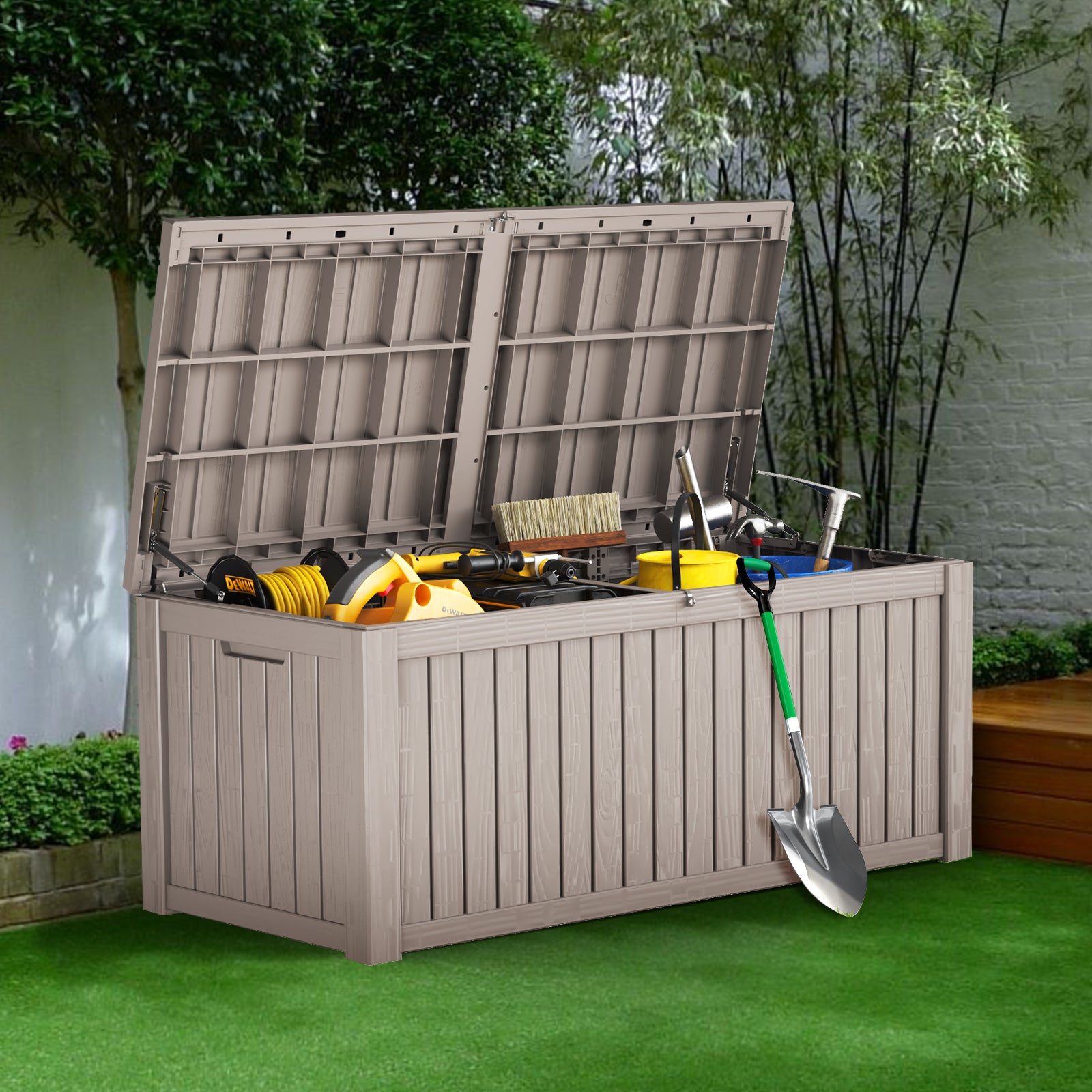 150 Gallon Outdoor Storage Deck Box with Lock – Waterproof Resin Box for Patio, Garden, Pool Gear, Bench Seating with Woodgrain Look