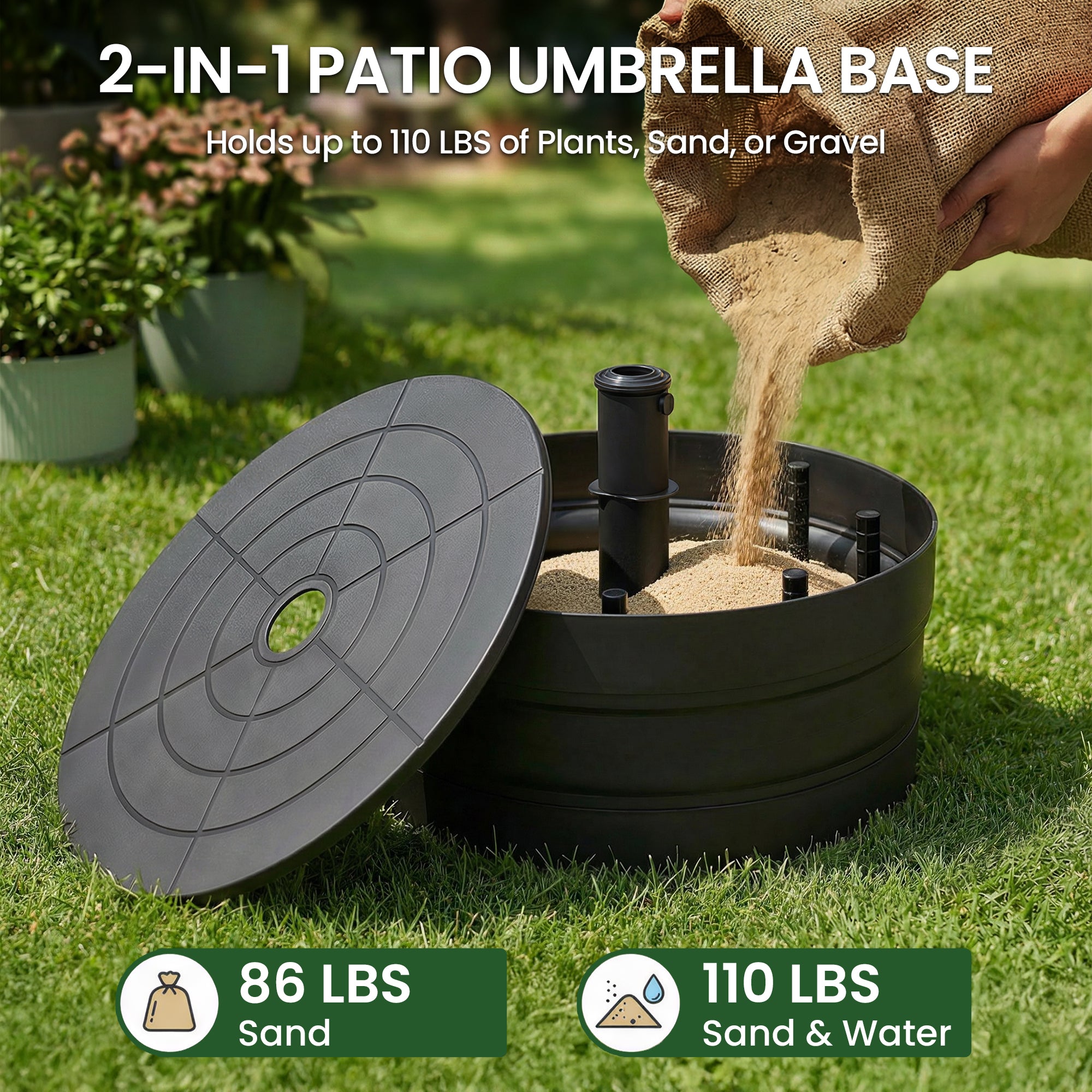 OLILAWN Heavy-Duty Patio Umbrella Base,110lb Capacity Fillable Planter Umbrella Stand Fits Up to 1.9" Pole-OL-HT043