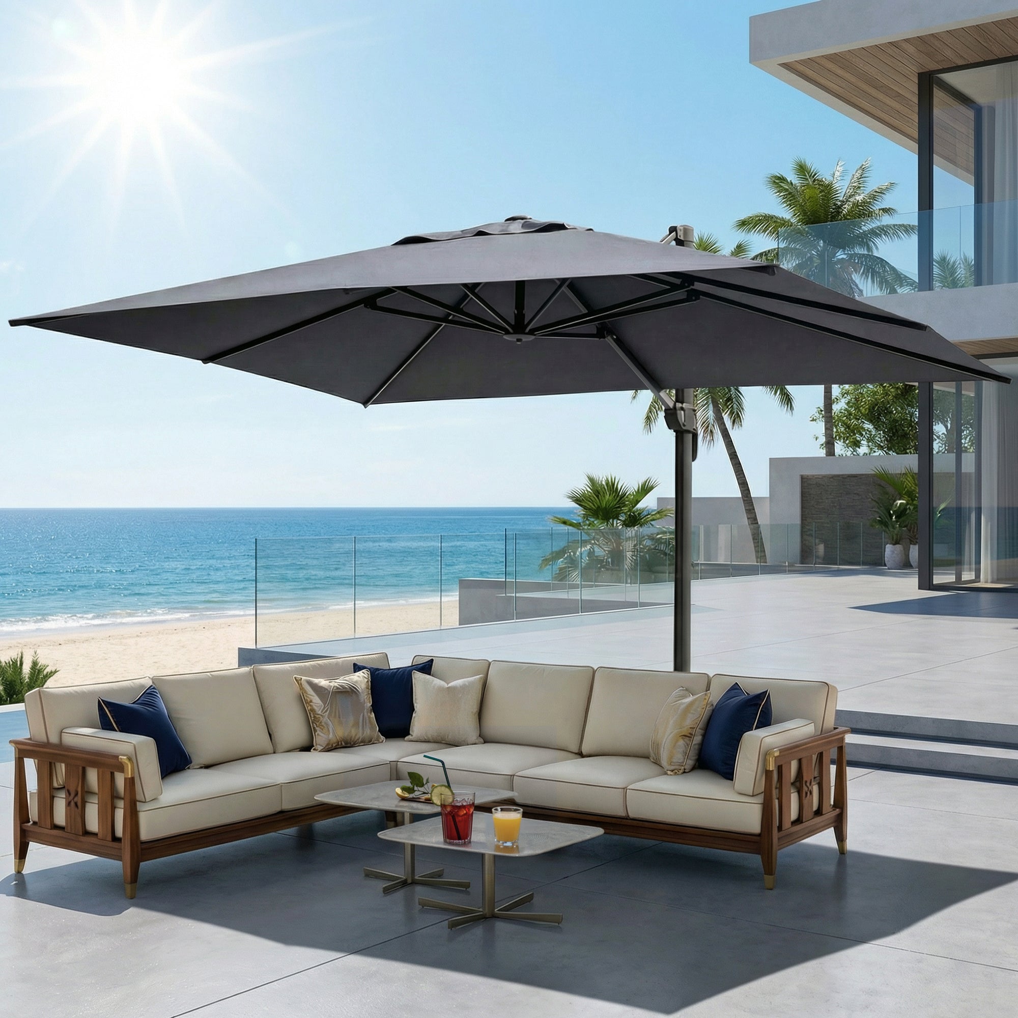 OLILAWN 9' x 12' Cantilever Offset Patio Umbrella with Base Included, Large Outdoor Rectangular Umbrella with 360-degree Rotation & Infinite Tilt Adjustment, Slate-ol-ht040