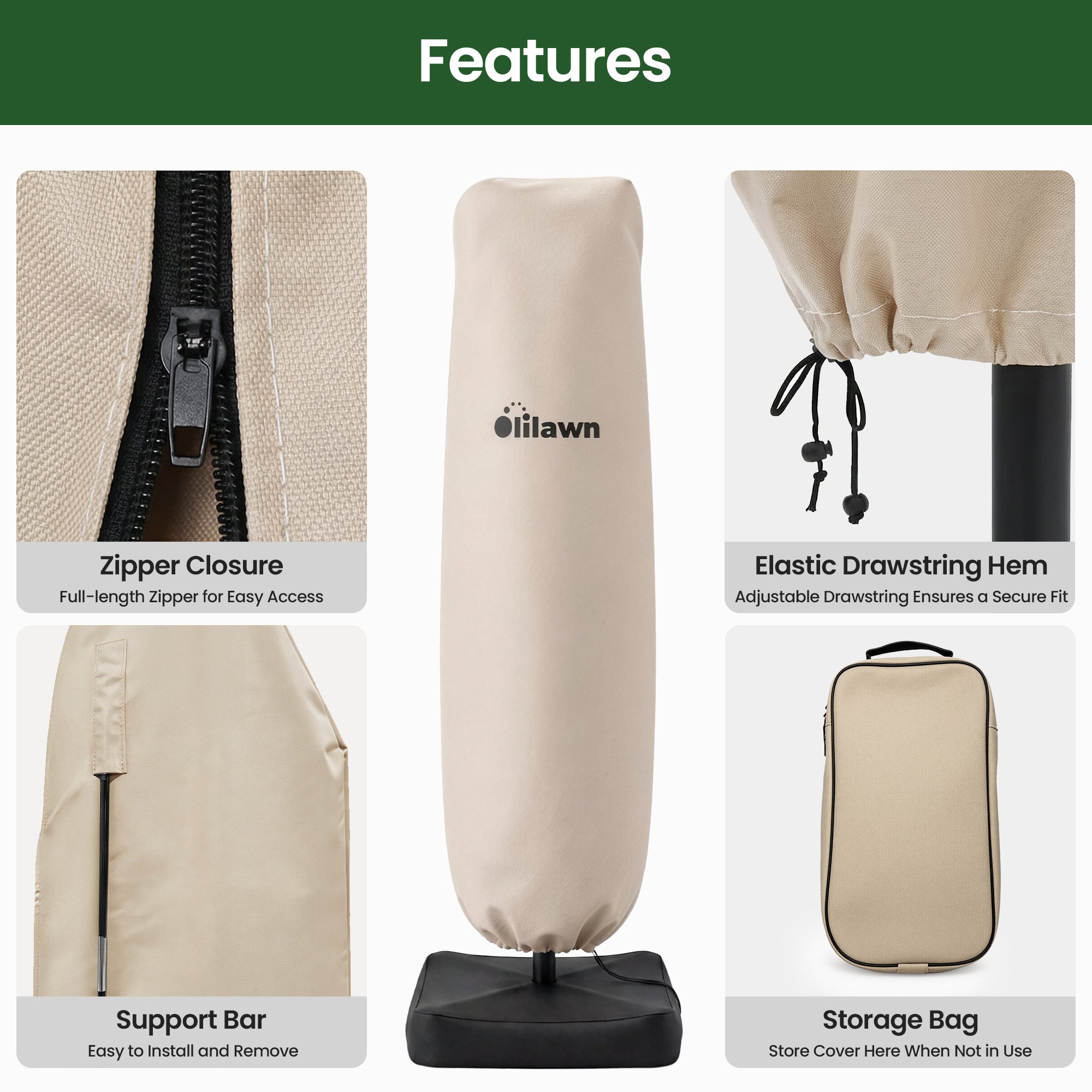 OLILAWN Patio Cantilever Umbrella Cover for Outdoor Umbrellas 9-12ft, Beige OL-HT048