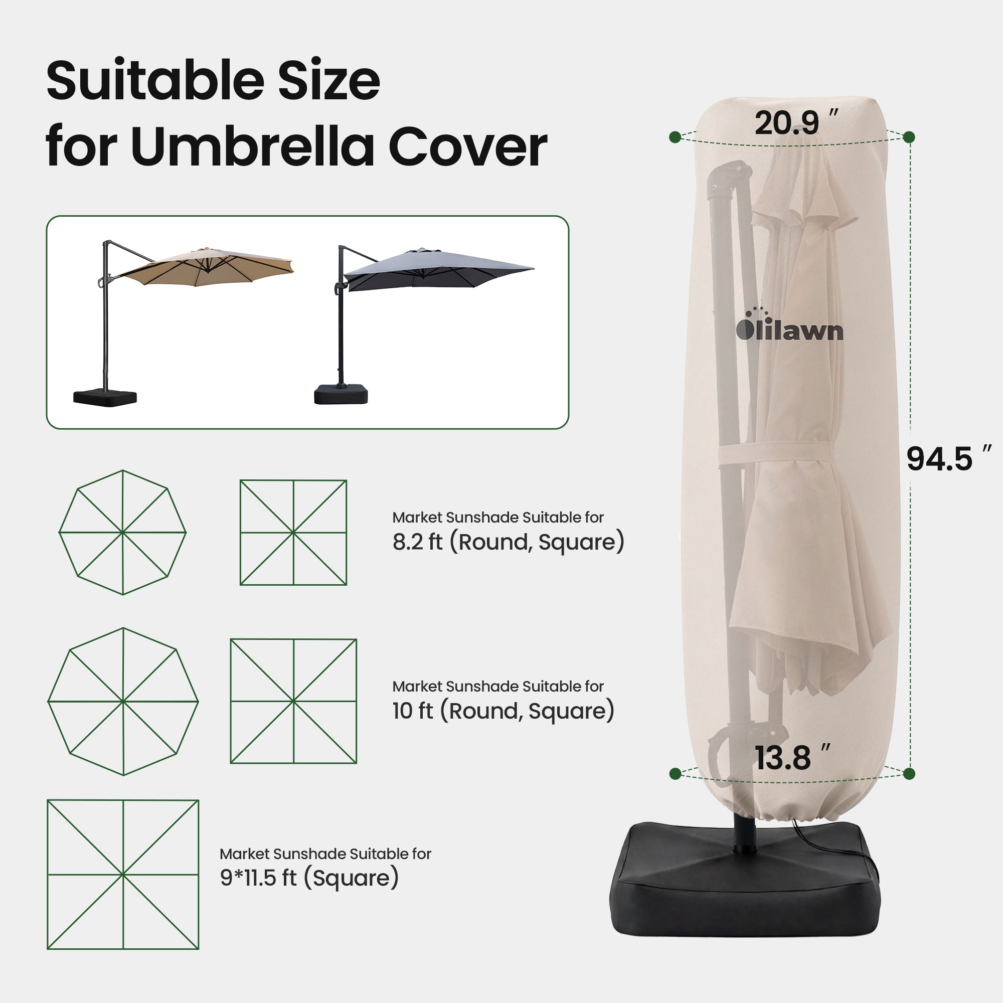 OLILAWN Patio Cantilever Umbrella Cover for Outdoor Umbrellas 9-12ft, Beige OL-HT048