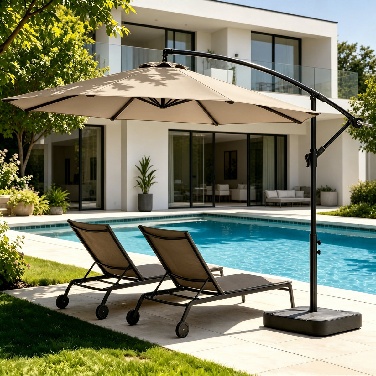 10FT Cantilever Offset Outdoor Umbrella with Base Included | with 360° Rotation & Infinite Tilt Fade-Resistant Yarn-Dyed Canopy 8-Rib Steel Frame for Patio Pool Deck Backyard