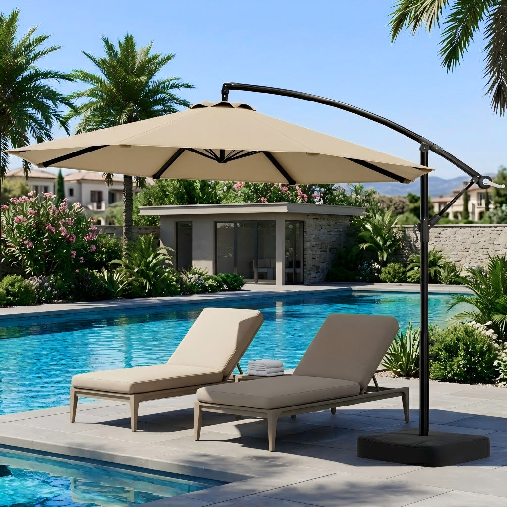 10FT Cantilever Offset Outdoor Umbrella with Base Included | with 360° Rotation & Infinite Tilt Fade-Resistant Yarn-Dyed Canopy 8-Rib Steel Frame for Patio Pool Deck Backyard