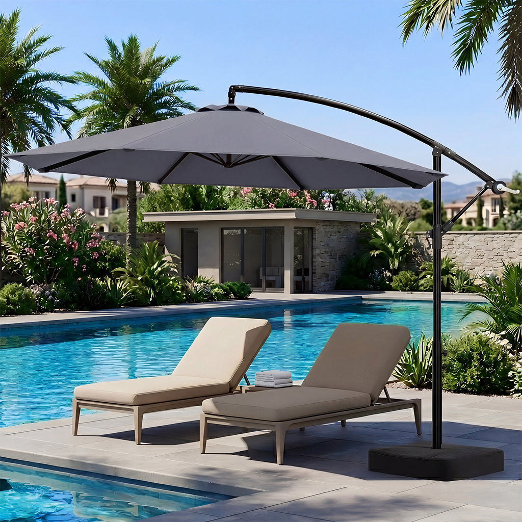 10FT Cantilever Offset Outdoor Umbrella with Base Included | with 360° Rotation & Infinite Tilt Fade-Resistant Yarn-Dyed Canopy 8-Rib Steel Frame for Patio Pool Deck Backyard