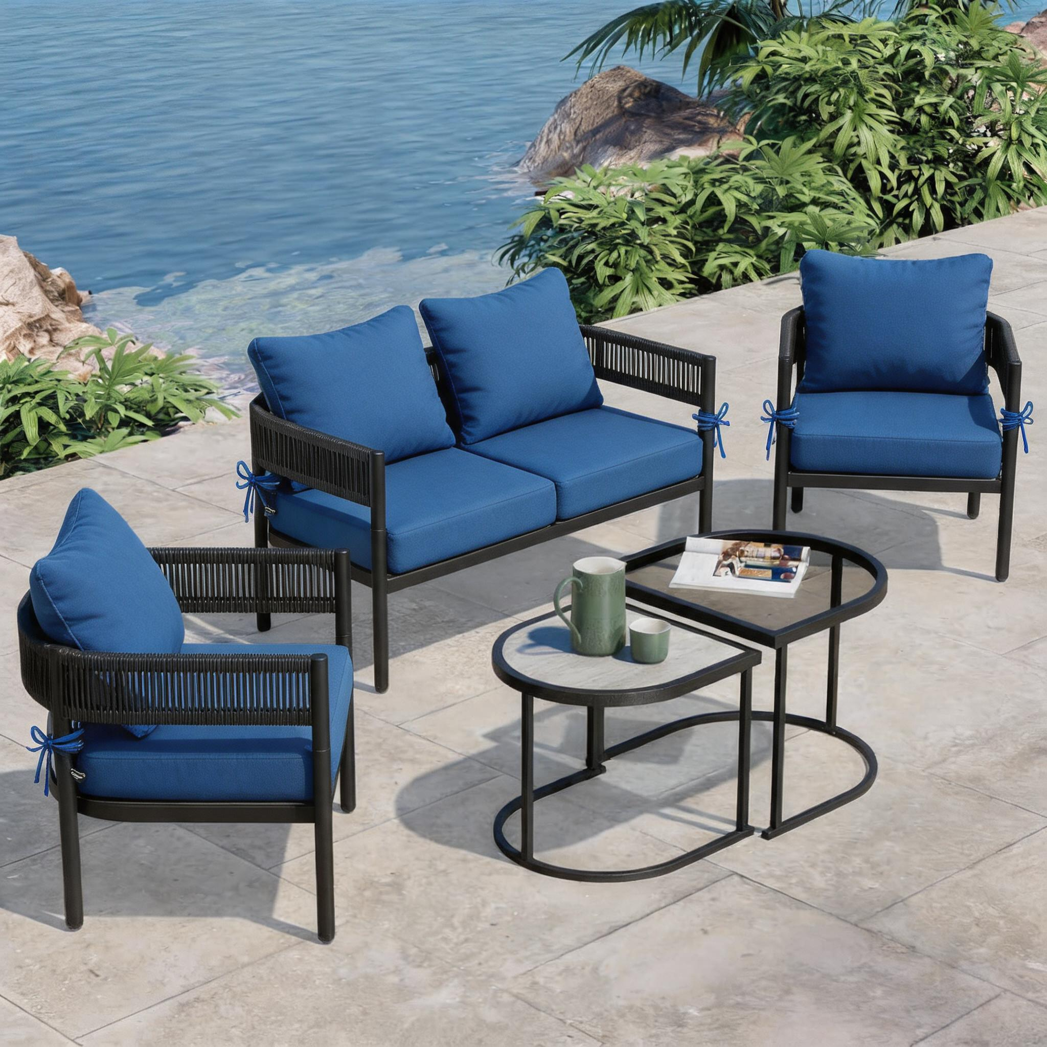 OL-HT049 OLILAWN Outdoor Seat Cushion 4 Sets, 24" *24" *6" Thicker Waterproof Patio Olefin Furniture Cushions, 30D High Density Foam Deep Seat & Back Cushion with Adjustable Straps & Removable Cover,Blue