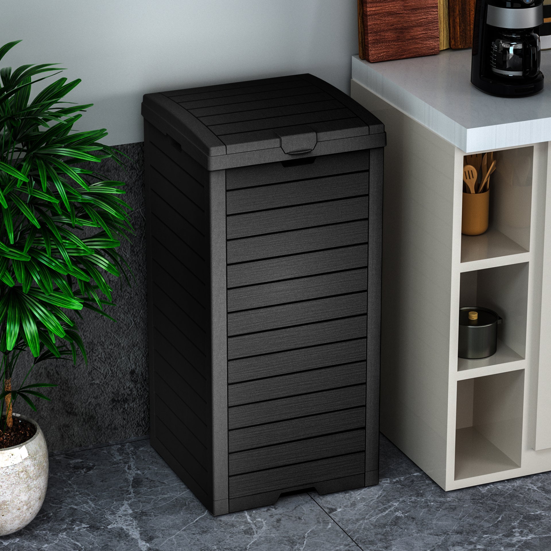 31 Gallon Outdoor Trash Can, Waterproof Resin Waste Bin with Lockable Lid & Drip Tray for Patio, Deck, Backyard & Kitchen