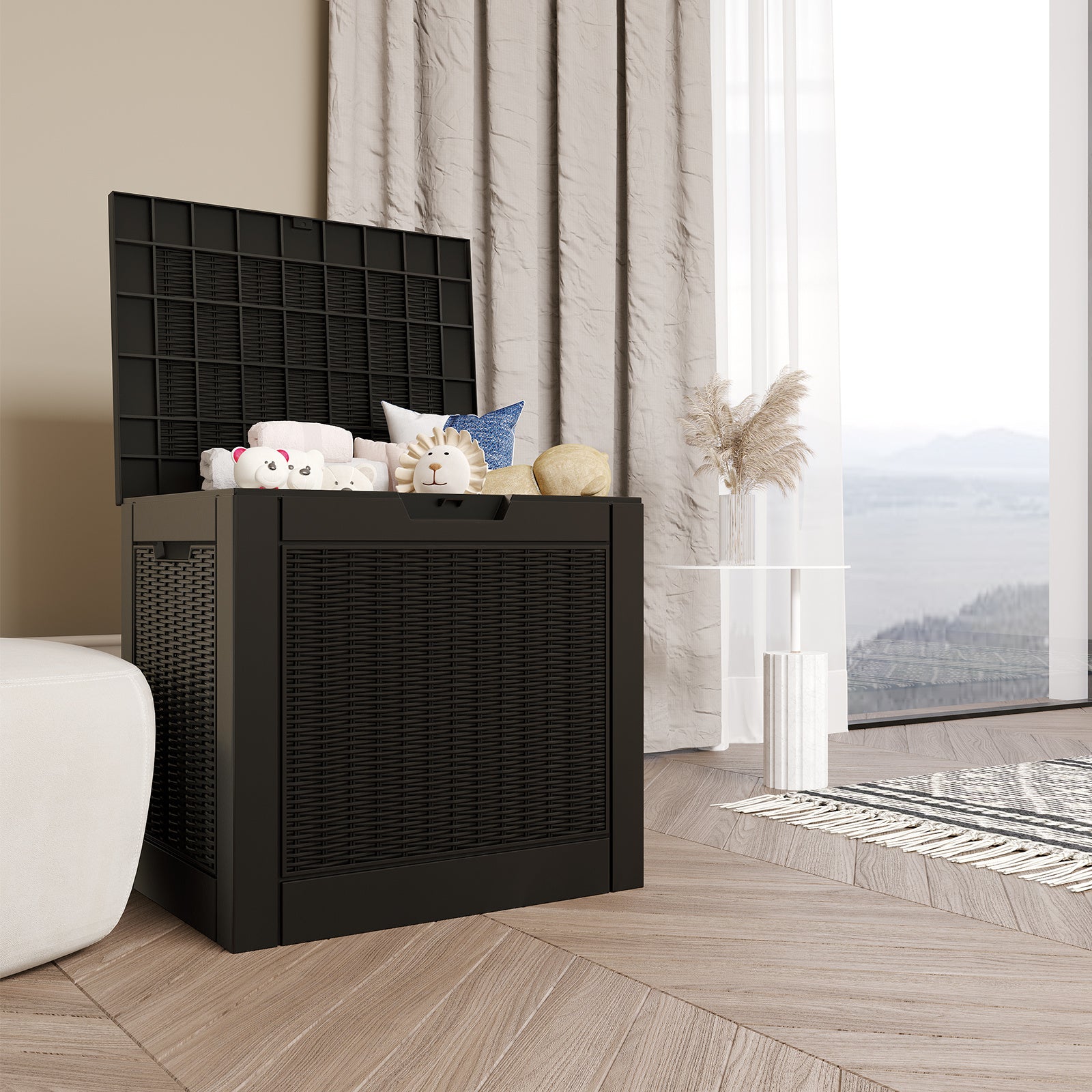 31 Gallon Rattan Resin Deck Box – Stylish Lockable Outdoor Storage for Small Patios & Garden Essentials