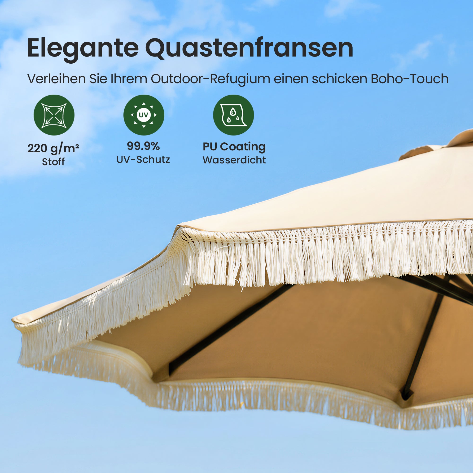 OLILAWN Sonnenschutz Balkon Fransen, Sonnenschirm 205 cm mit Kurbel & Knickfunktion, OL-HT042