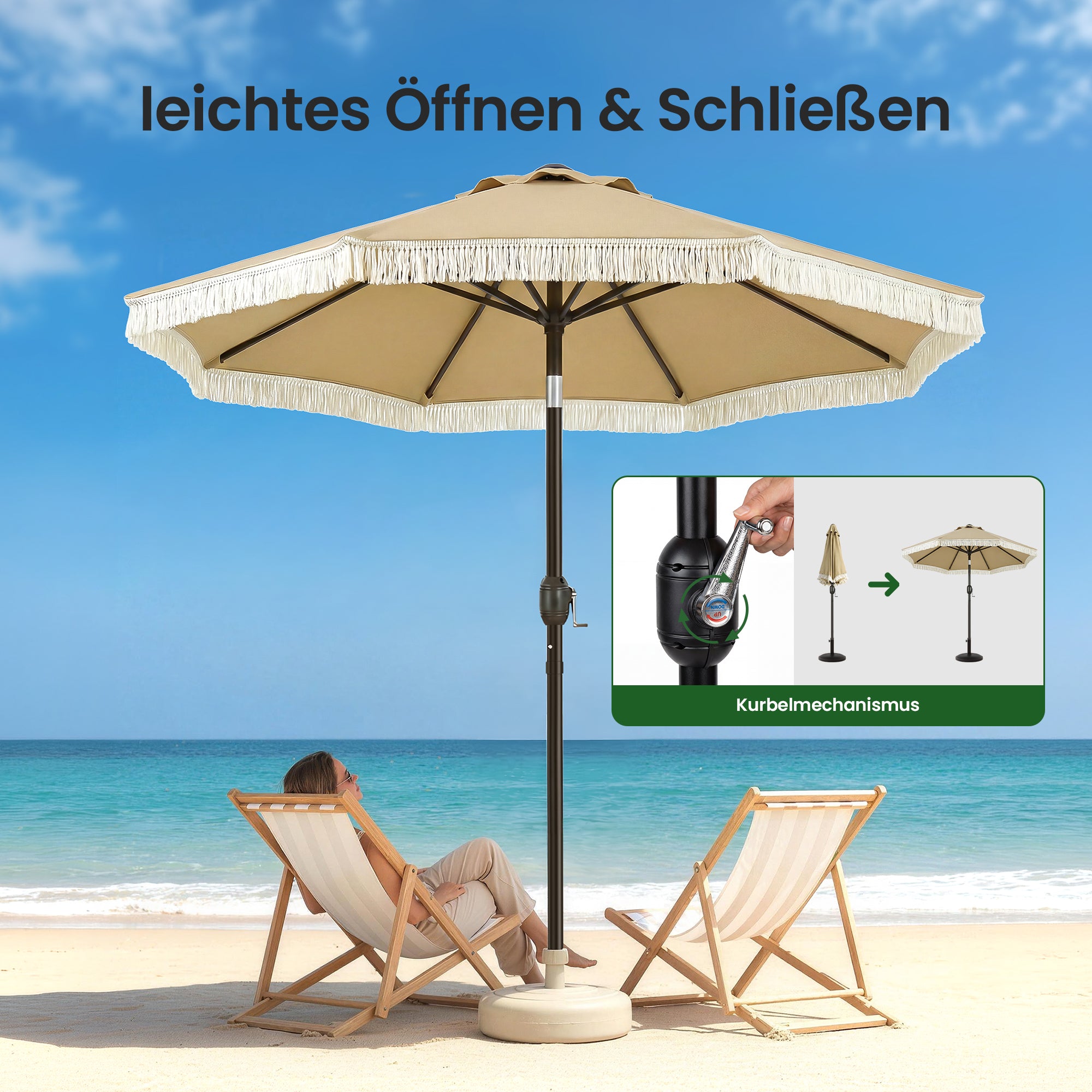 OLILAWN Sonnenschutz Balkon Fransen, Sonnenschirm 205 cm mit Kurbel & Knickfunktion, OL-HT042