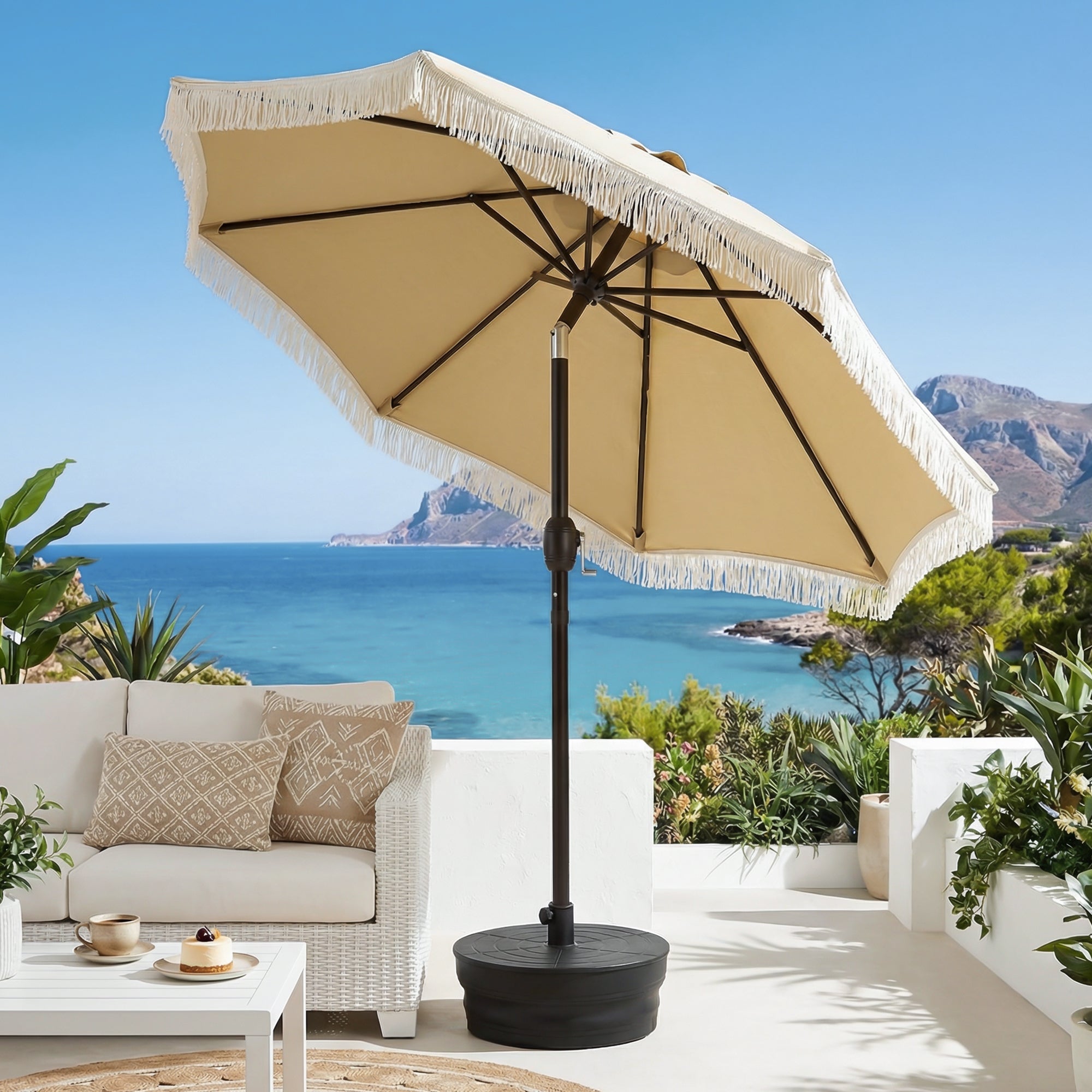 OLILAWN Sonnenschutz Balkon Fransen, Sonnenschirm 205 cm mit Kurbel & Knickfunktion, OL-HT042