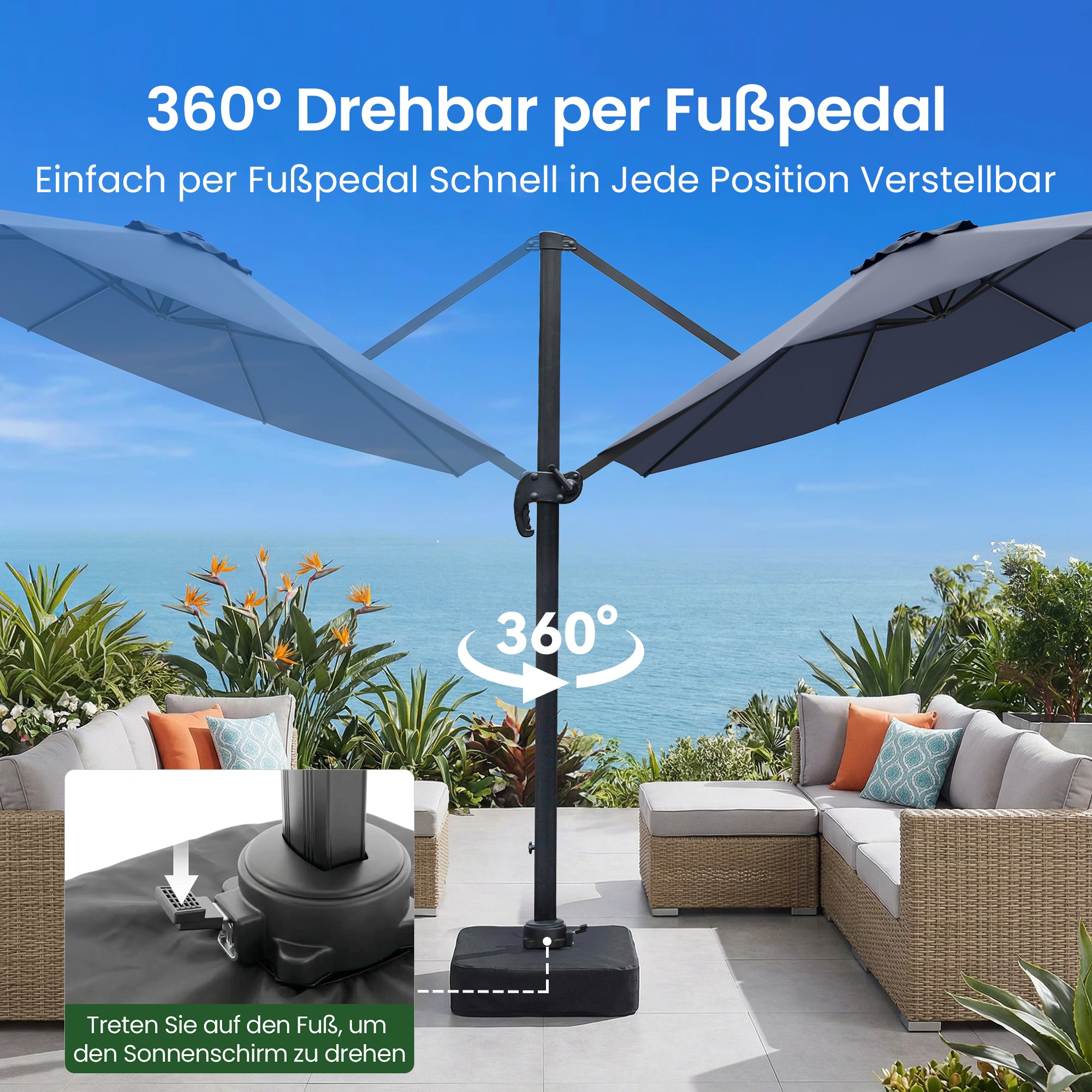 OLILAWN Sonnenschirm Ø305 cm mit Schwerlast-Basis & Sandsäcken, UV-Schutz 240GSM Garngefärbtes Polyester, Aluminium Ampelschirm 360° drehbar & 5-fach neigbar, inkl. Schutzhülle, für Pool & Garten, OL-HT045