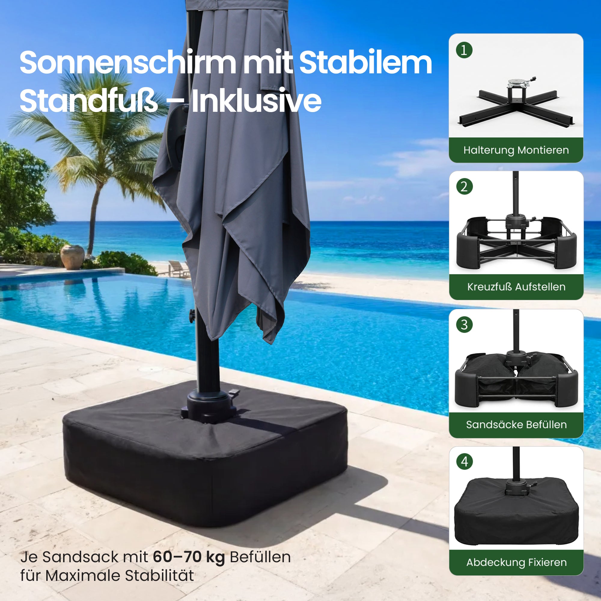 OLILAWN Sonnenschirm Ø305 cm mit Schwerlast-Basis & Sandsäcken, UV-Schutz 240GSM Garngefärbtes Polyester, Aluminium Ampelschirm 360° drehbar & 5-fach neigbar, inkl. Schutzhülle, für Pool & Garten, OL-HT045