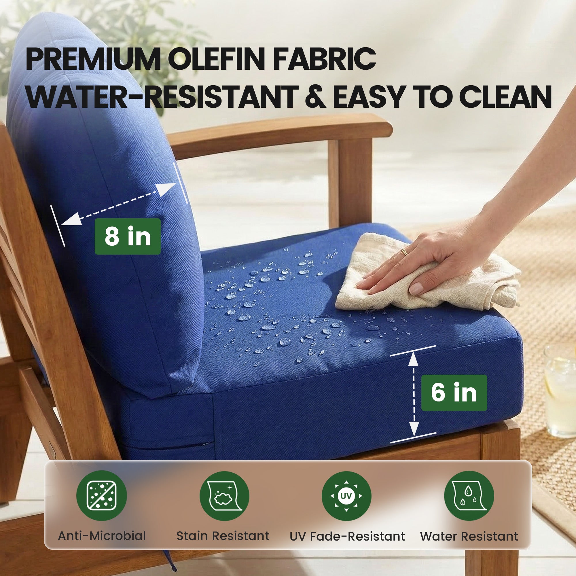OL-HT049 OLILAWN Outdoor Seat Cushion 4 Sets, 24" *24" *6" Thicker Waterproof Patio Olefin Furniture Cushions, 30D High Density Foam Deep Seat & Back Cushion with Adjustable Straps & Removable Cover,Blue