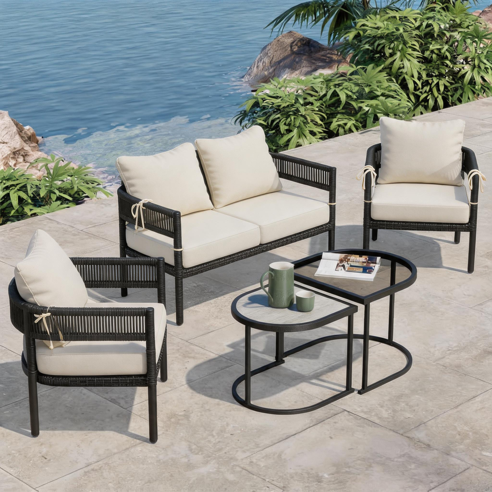 OL-HT049 OLILAWN Outdoor Seat Cushion 4 Sets, 24" *24" *6" Thicker Waterproof Patio Olefin Furniture Cushions, 30D High Density Foam Deep Seat & Back Cushion with Adjustable Straps & Removable Cover,Beige