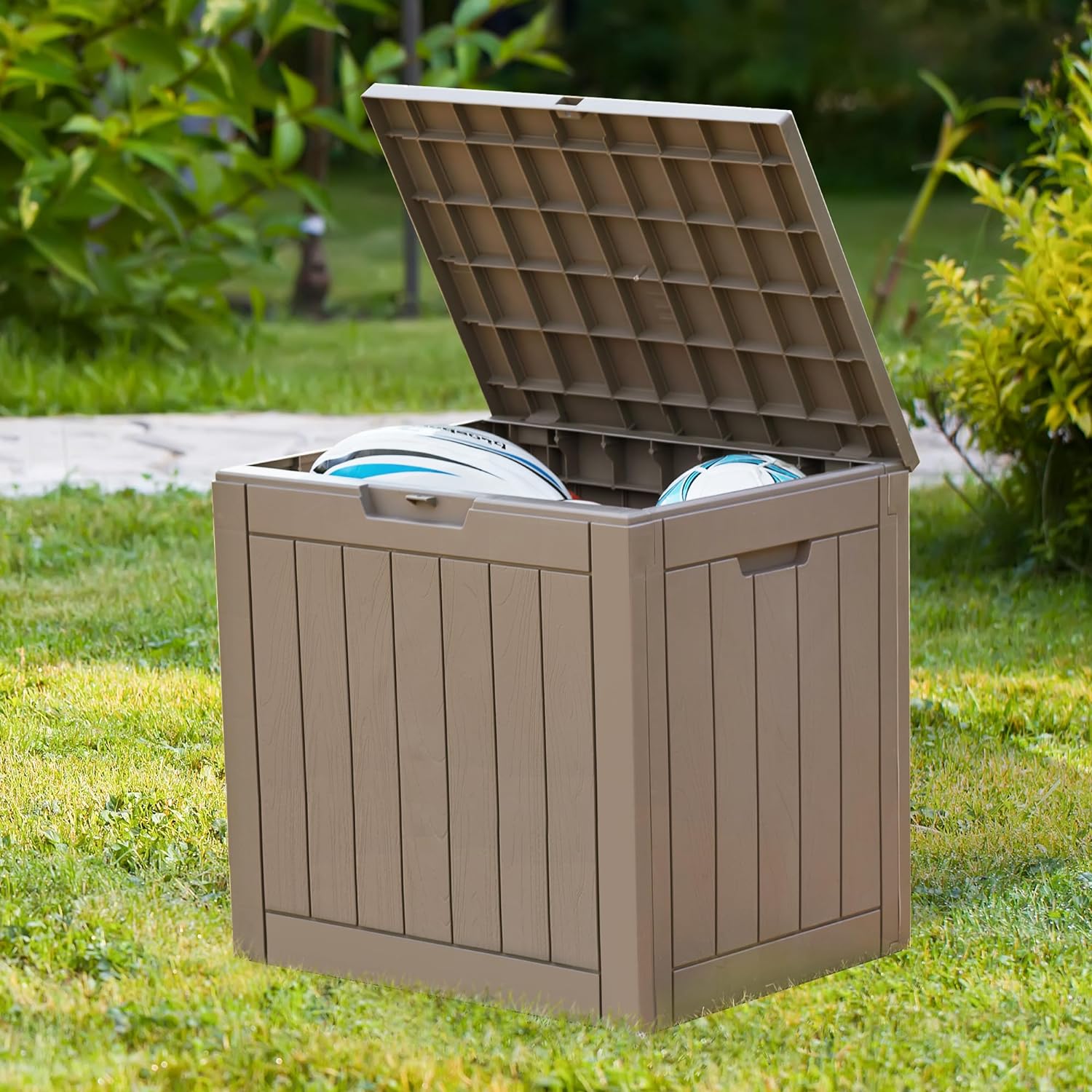 50 Gallon Woodgrain Resin Deck Box – Waterproof & Lockable Storage for Patio, Balcony & Garden Tools