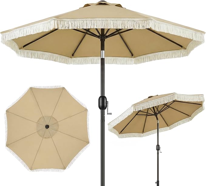 OLILAWN Sonnenschutz Balkon Fransen, Sonnenschirm 205 cm mit Kurbel & Knickfunktion, OL-HT042