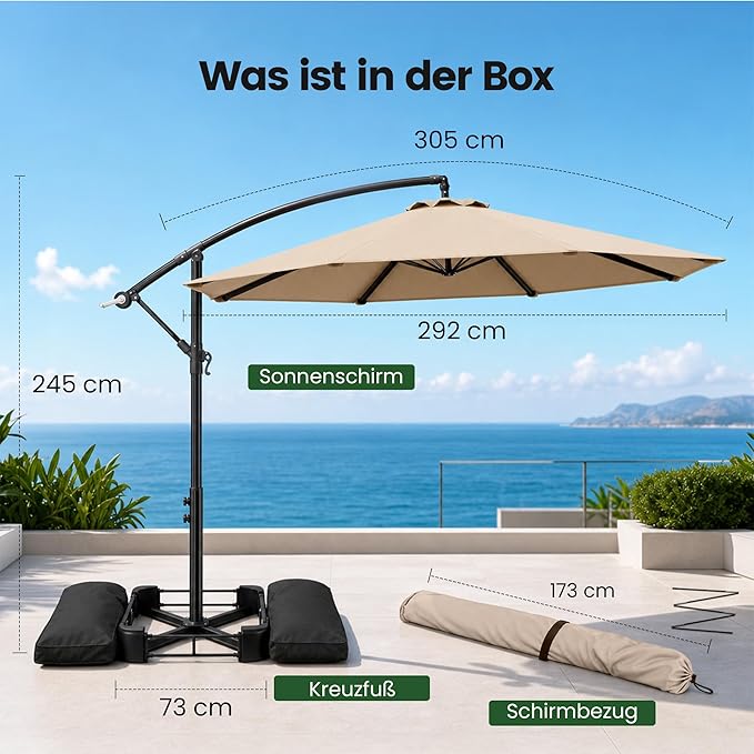 OLILAWN Sonnenschirm mit Ständer, 300 cm Ampelschirm mit Kurbel, OL-HT032