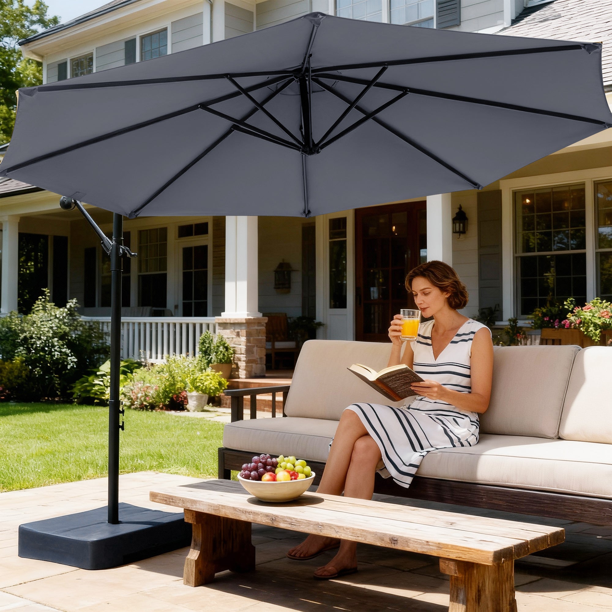 Cymma 10ft Patio Umbrella with Base, Outdoor Large Round Offset Cantilever Umbrella, Cream-CY-HT032
