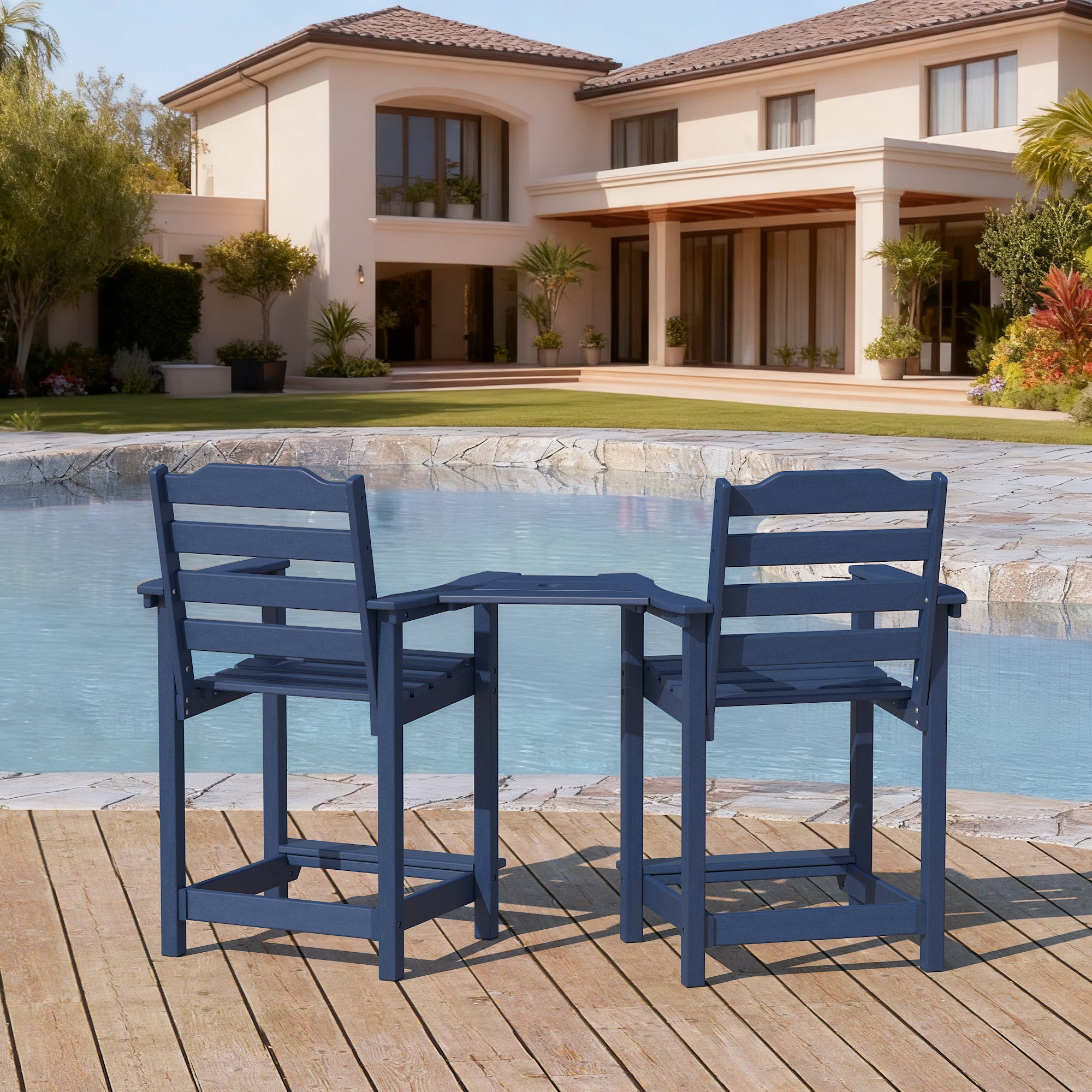 OLILAWN Tall Adirondack Chair Set of 2, Weather-Resistant HDPE Hight Back Adirondack Chairs with Double-Sided Connecting Tray, Outdoor Chairs for Balcony, Deck, Backyard, Patio, Garden, Blue