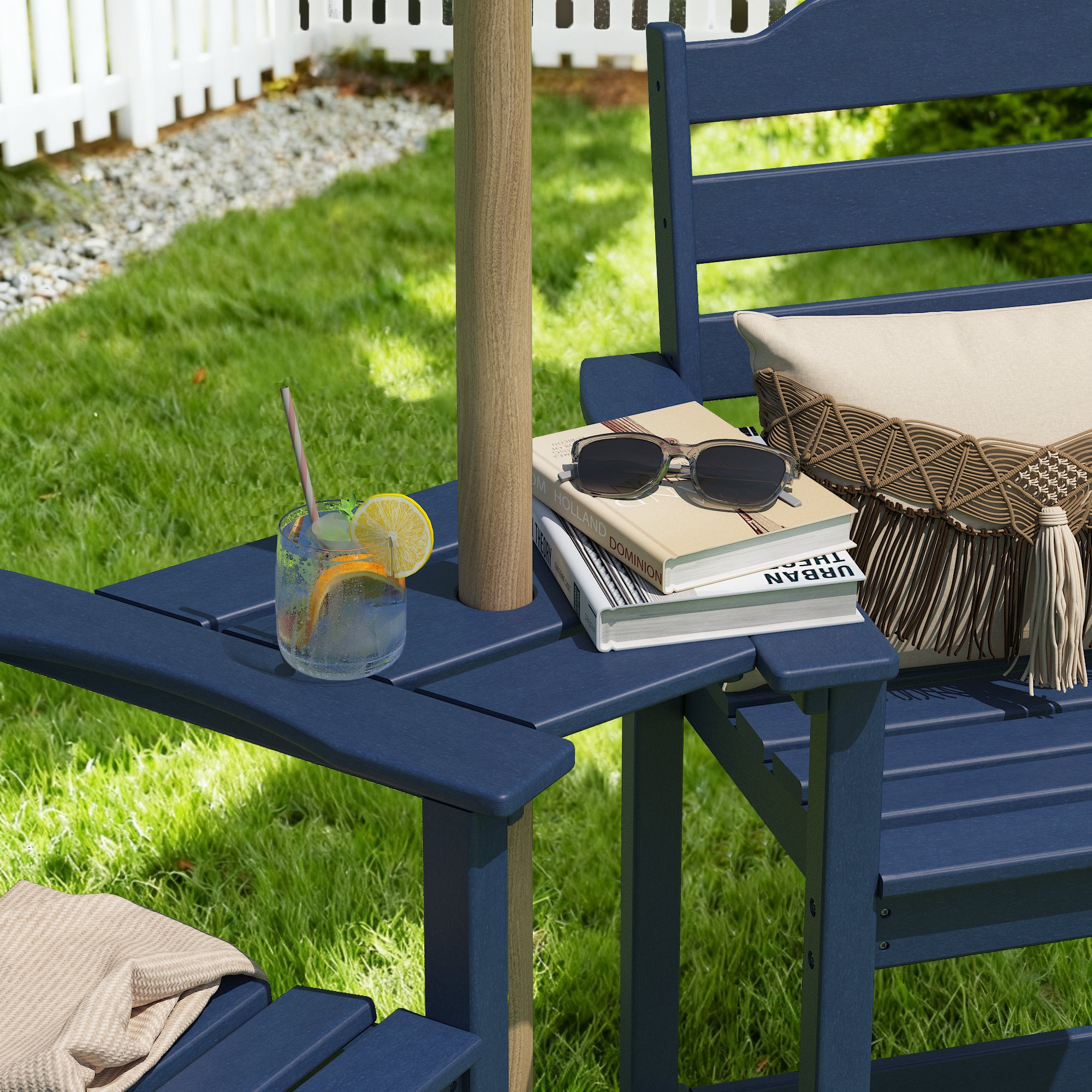 OLILAWN Tall Adirondack Chair Set of 2, Weather-Resistant HDPE Hight Back Adirondack Chairs with Double-Sided Connecting Tray, Outdoor Chairs for Balcony, Deck, Backyard, Patio, Garden, Blue