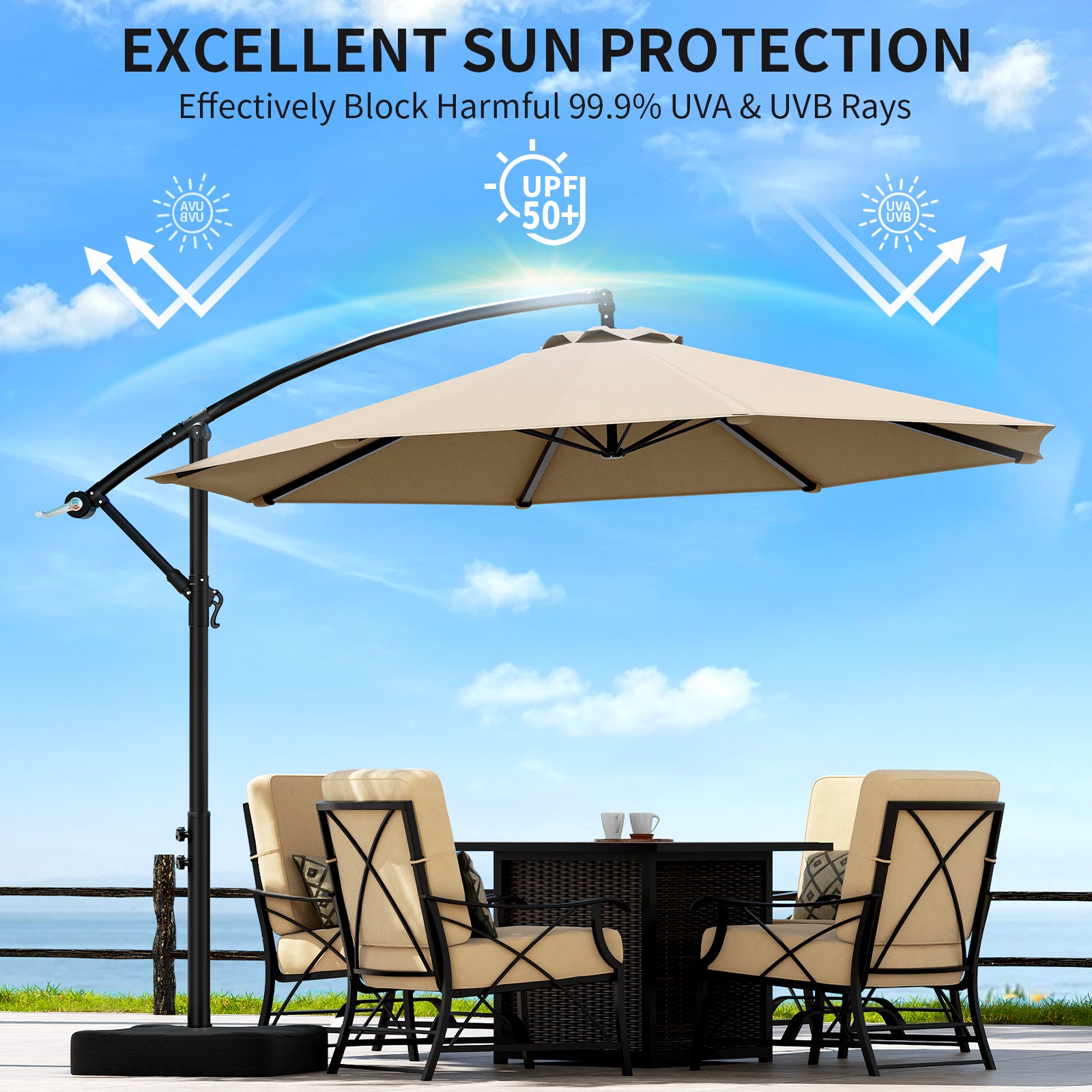 Cymma 10ft Patio Umbrella with Base, Outdoor Large Round Offset Cantilever Umbrella, Cream-CY-HT032
