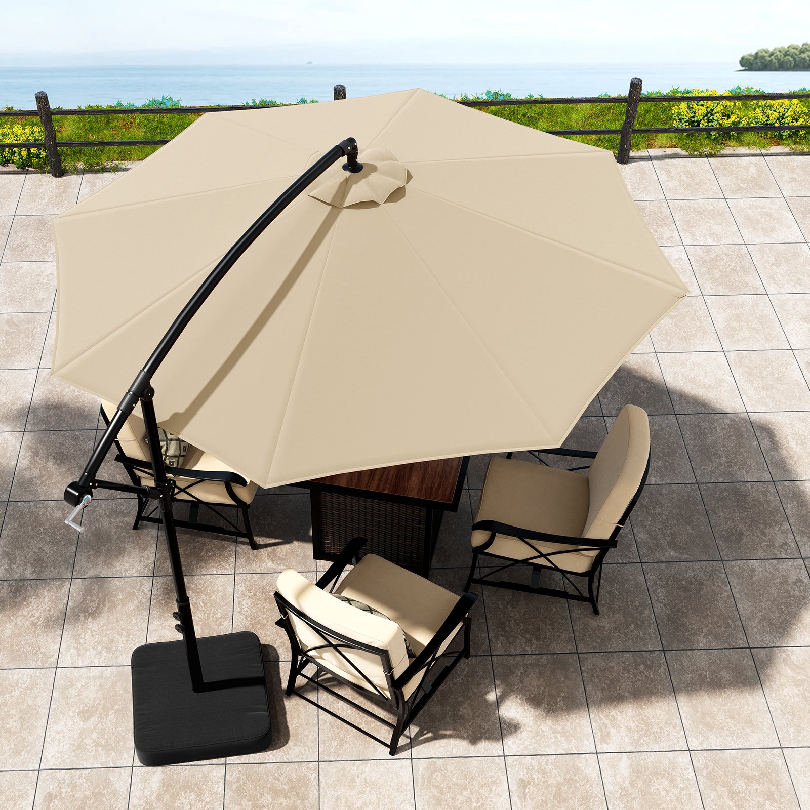 Cymma 10ft Patio Umbrella with Base, Outdoor Large Round Offset Cantilever Umbrella, Cream-CY-HT032