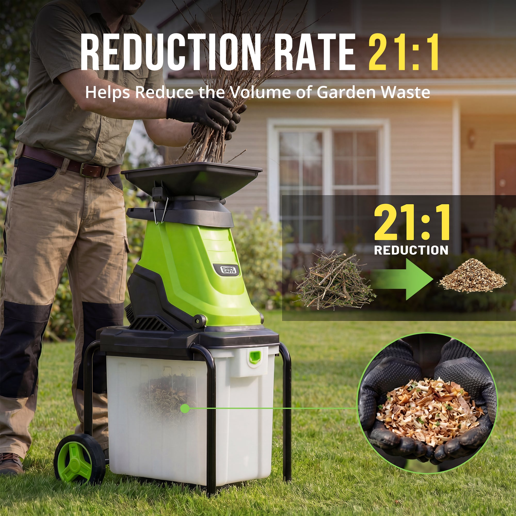Wood Chipper, 15-Amp Electric Chipper Shredder for Branches up to 1.8 Inch, Mulcher with 50L Collection Bag, Anti-Jam Yard Waste Shredder with Wheels