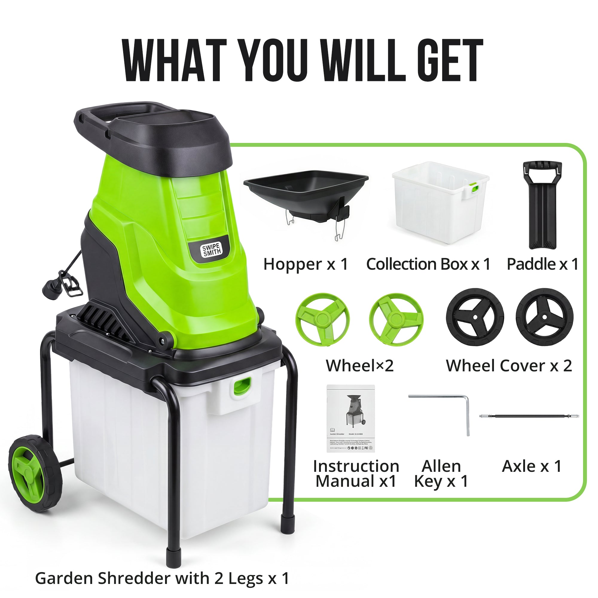 Wood Chipper, 15-Amp Electric Chipper Shredder for Branches up to 1.8 Inch, Mulcher with 50L Collection Bag, Anti-Jam Yard Waste Shredder with Wheels