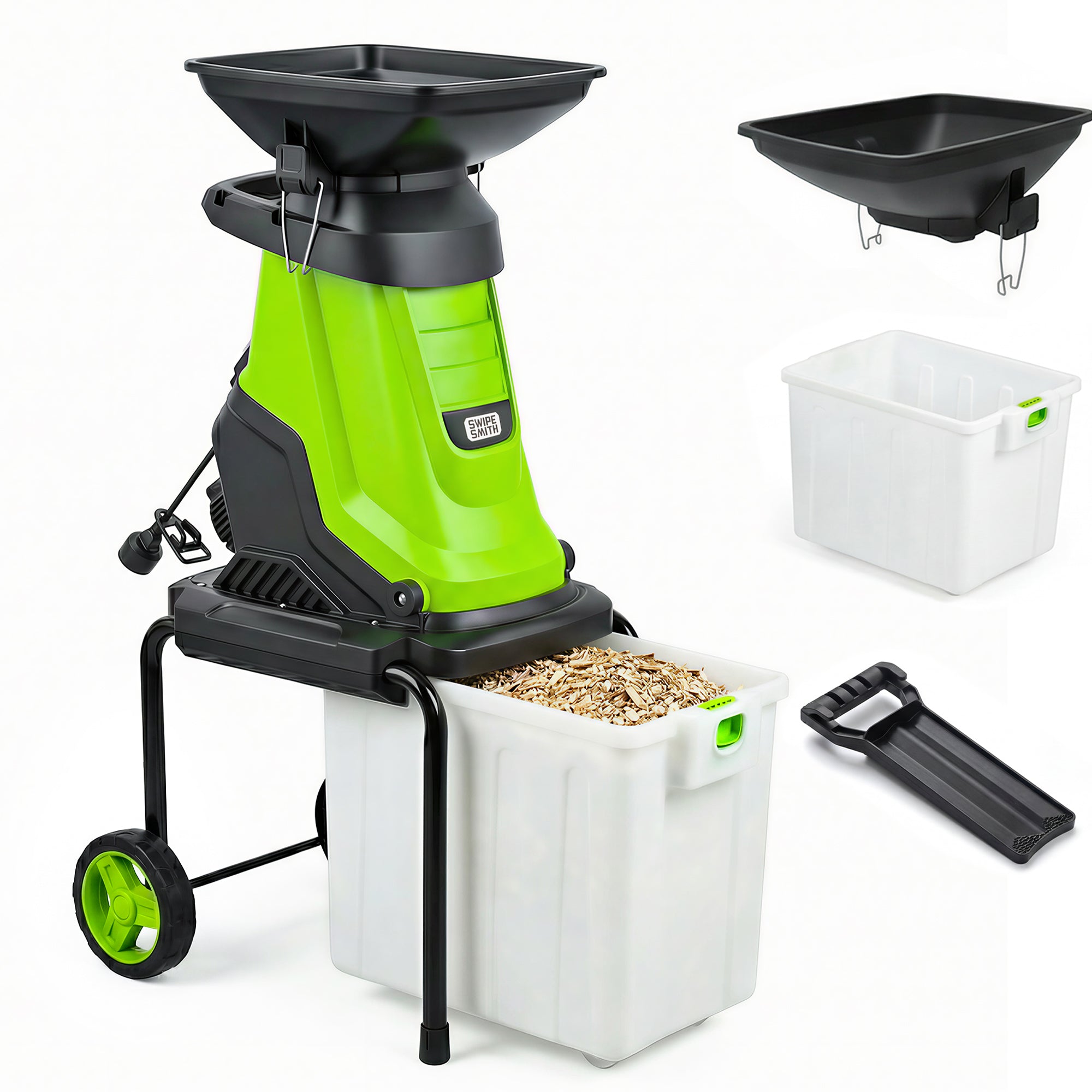 Wood Chipper, 15-Amp Electric Chipper Shredder for Branches up to 1.8 Inch, Mulcher with 50L Collection Bag, Anti-Jam Yard Waste Shredder with Wheels