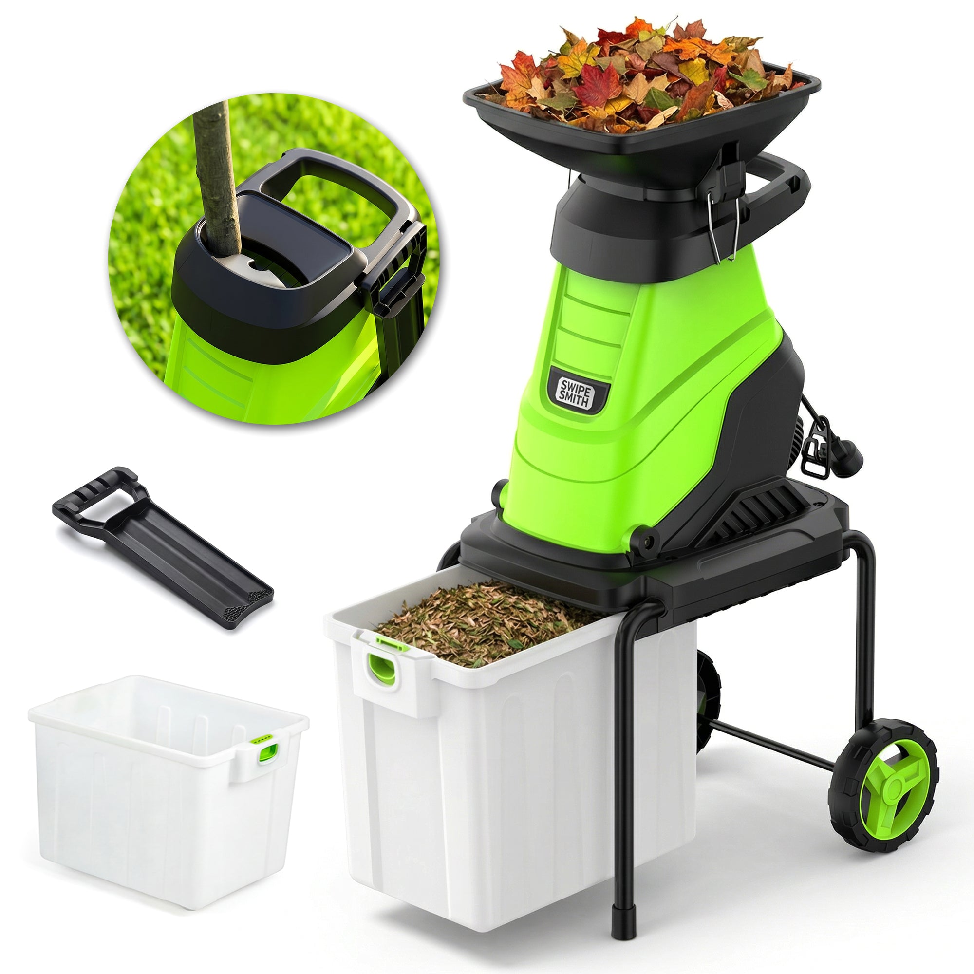 Wood Chipper, 15-Amp Electric Chipper Shredder for Branches up to 1.8 Inch, Mulcher with 50L Collection Bag, Anti-Jam Yard Waste Shredder with Wheels