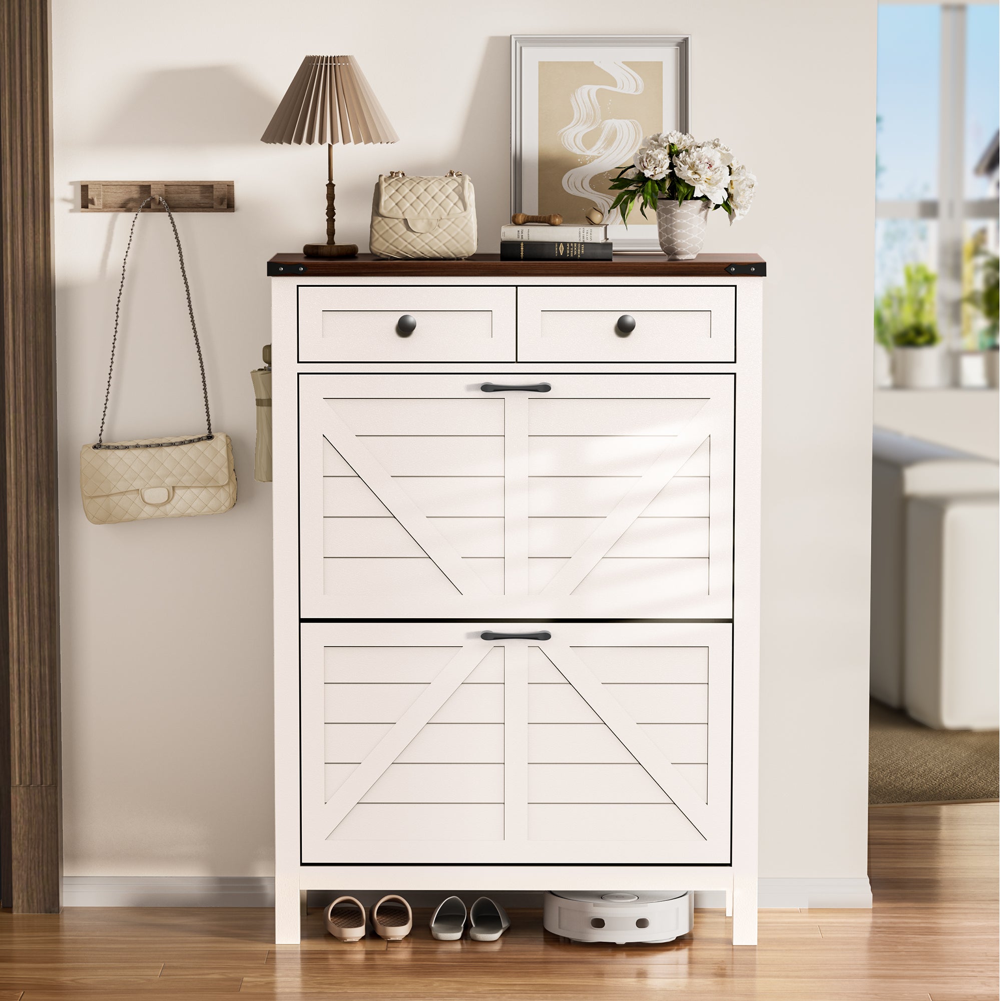 Compact Shoe Storage Cabinet with 2 Flip Drawers and 2 Drawers for Keys & Wallets - Ideal for Narrow Spaces, EN001