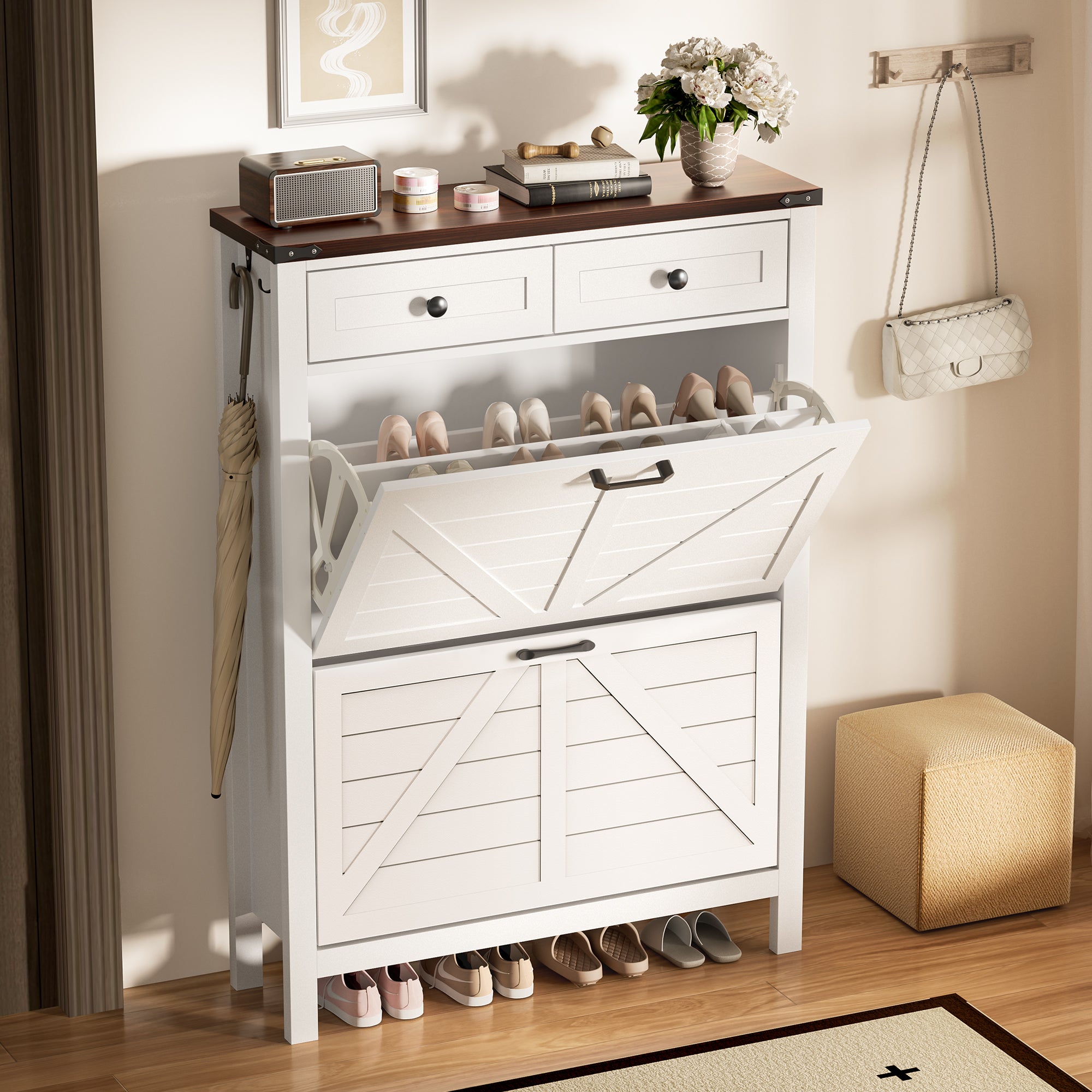 Compact Shoe Storage Cabinet with 2 Flip Drawers and 2 Drawers for Keys & Wallets - Ideal for Narrow Spaces, EN001