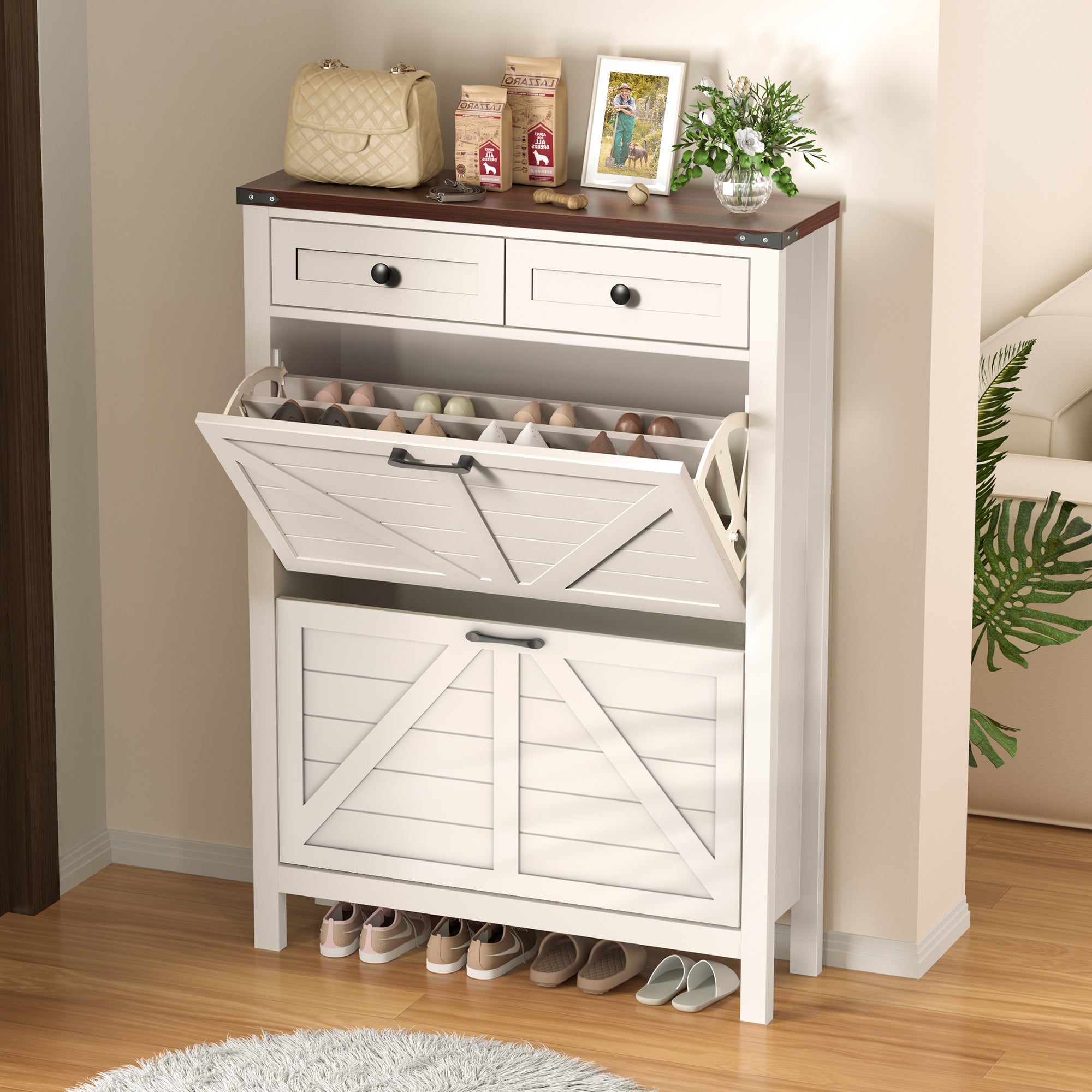 Compact Shoe Storage Cabinet with 2 Flip Drawers and 2 Drawers for Keys & Wallets - Ideal for Narrow Spaces, EN001