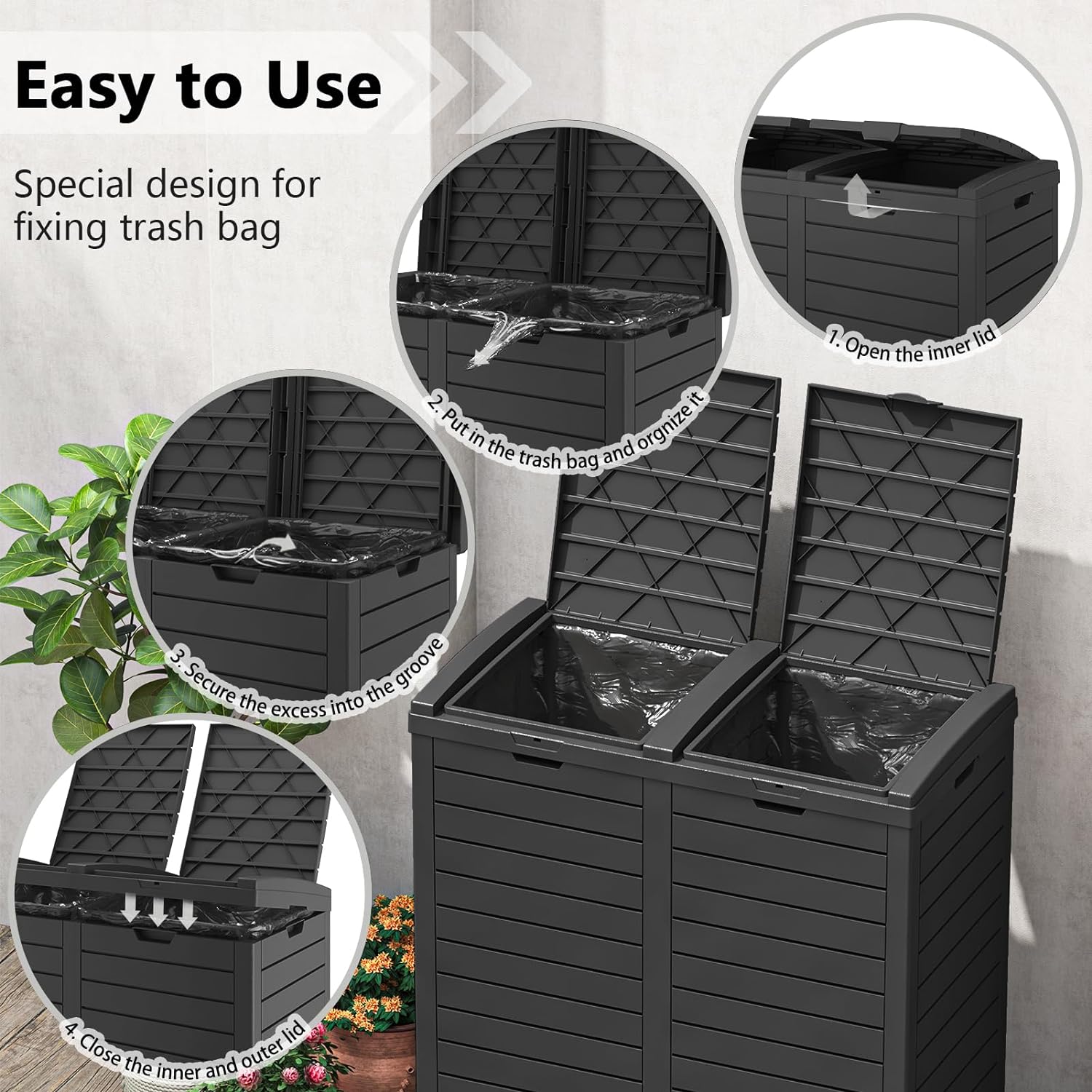 62 Gallon Dual Outdoor Trash Can with Lid-Black