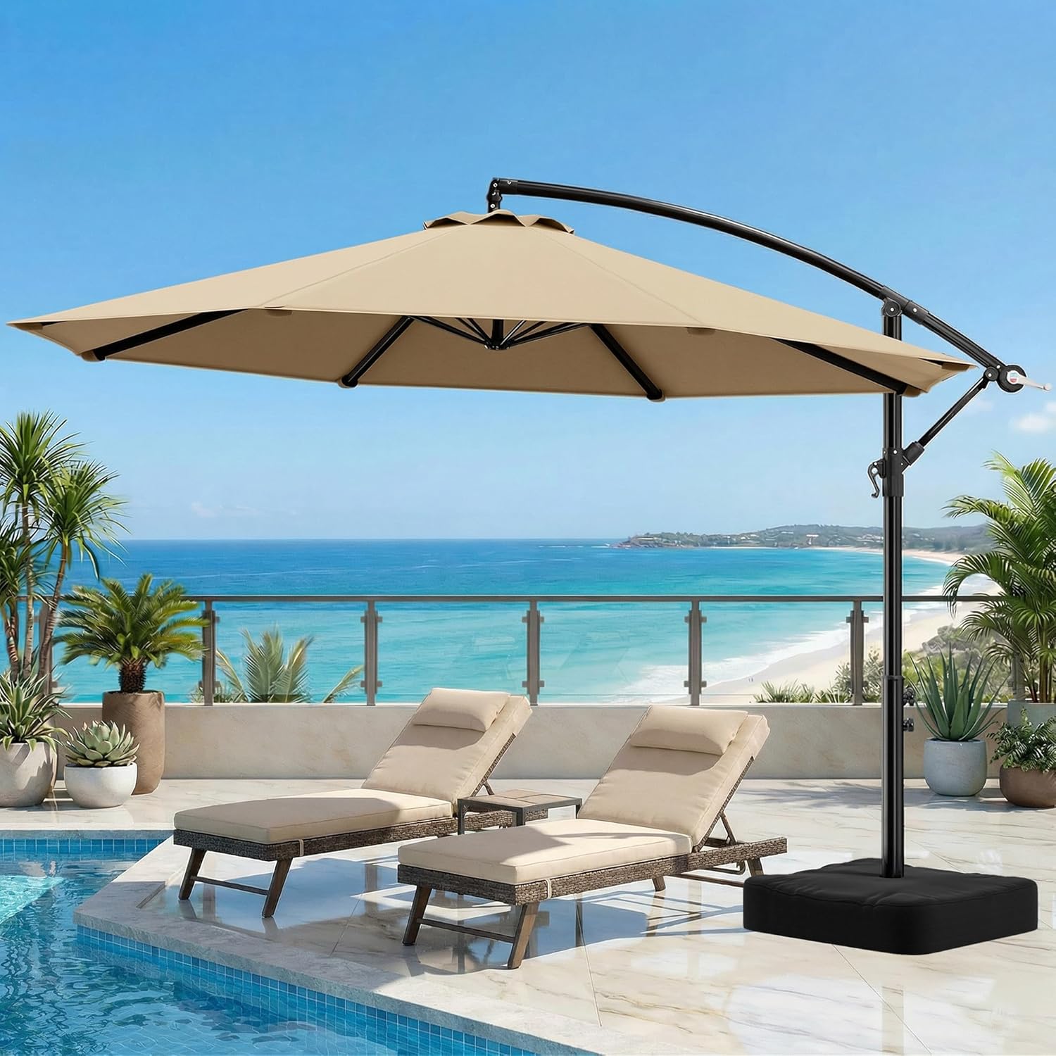Olilawn 10ft Patio Umbrella with Base, Outdoor Large Round Offset Cantilever Umbrella, Champagne-OL-HT032