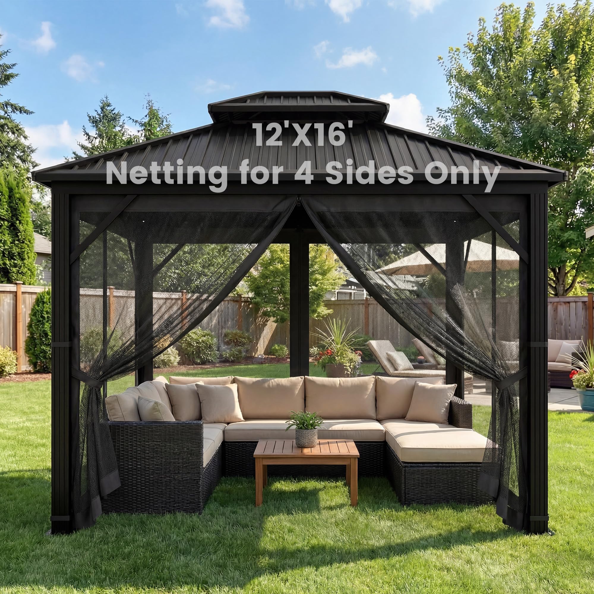 OLILAWN Gazebo Universal Replacement Mosquito Netting, 10' x 10' Outdoor Canopy Net Screen 4-Panel Sidewall Curtain, with Zippers, Easy to Install, Fit for Most Gazebo 10x10 Canopy, Black