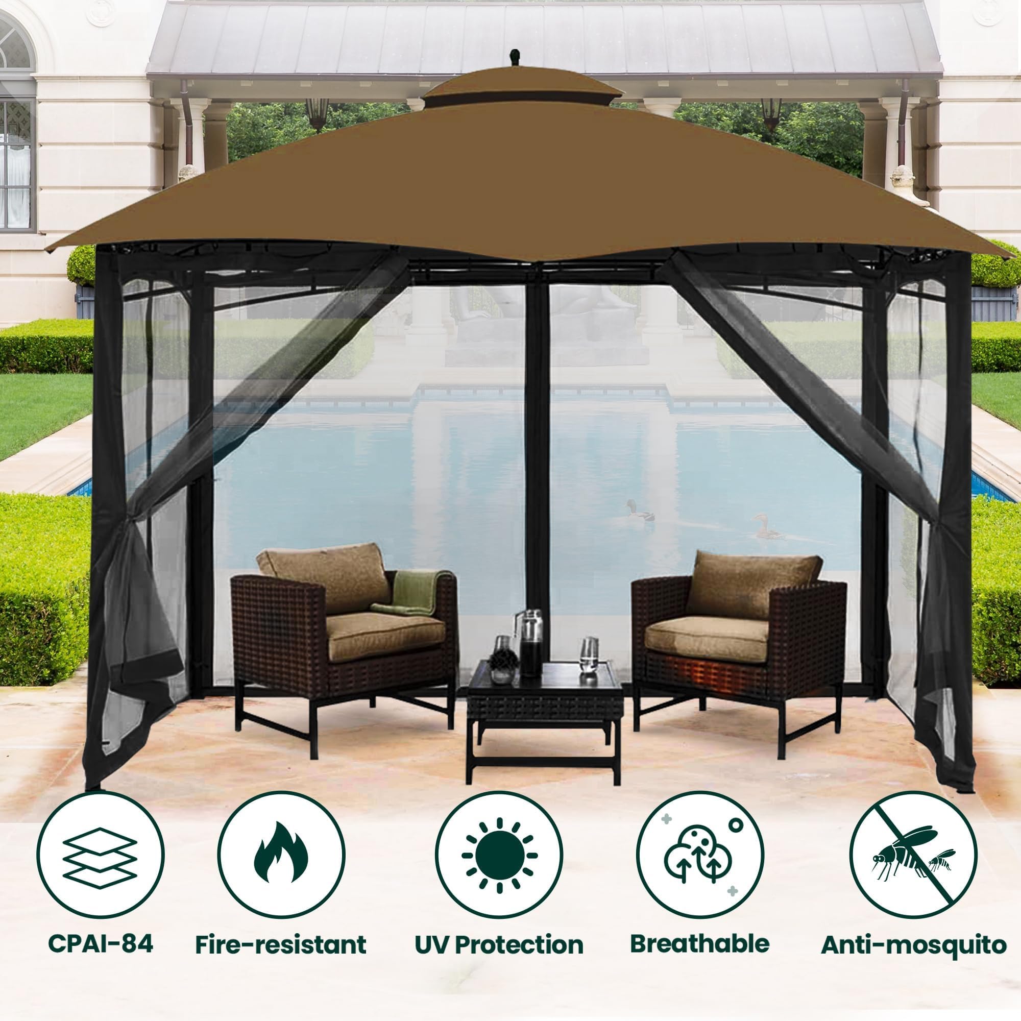 OLILAWN Gazebo Universal Replacement Mosquito Netting, 10' x 10' Outdoor Canopy Net Screen 4-Panel Sidewall Curtain, with Zippers, Easy to Install, Fit for Most Gazebo 10x10 Canopy, Black