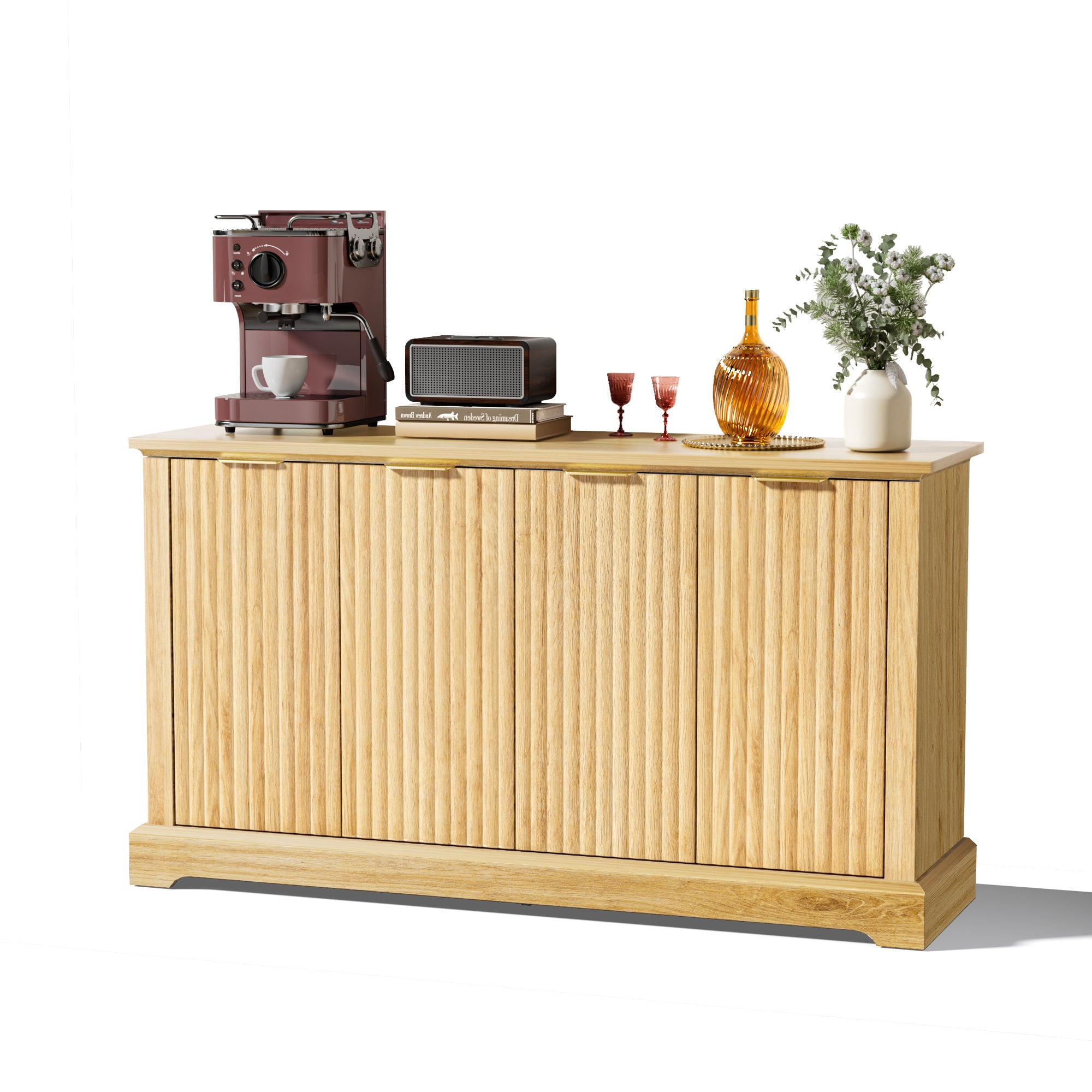 Mid Century Modern Oak Fluted Sideboard Buffet Cabinet with 4 Doors, DRF001