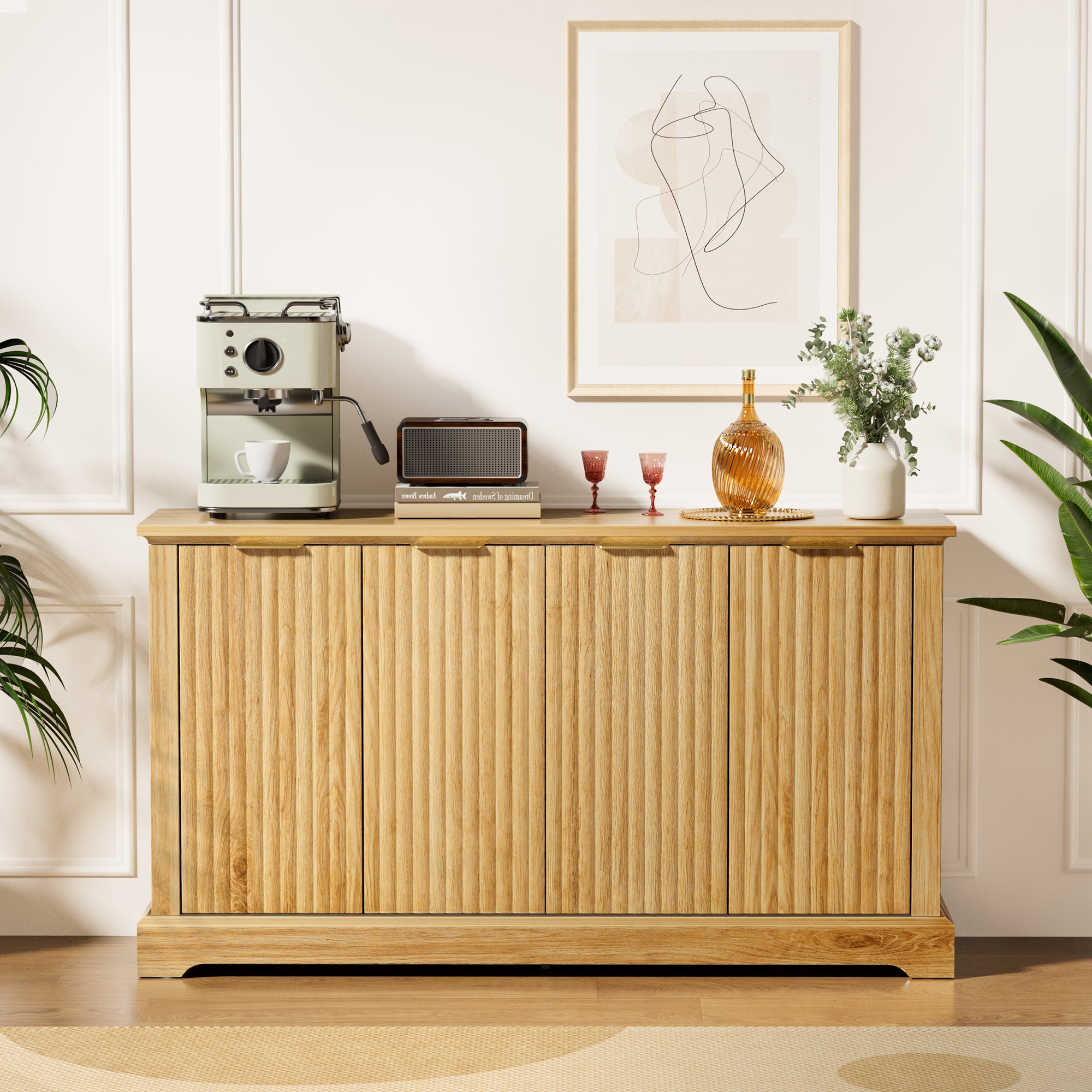 Mid Century Modern Oak Fluted Sideboard Buffet Cabinet with 4 Doors, DRF001