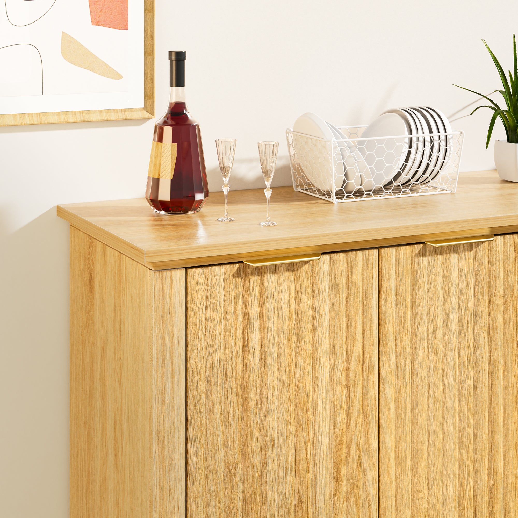 Mid Century Modern Oak Fluted Sideboard Buffet Cabinet with 4 Doors, DRF001