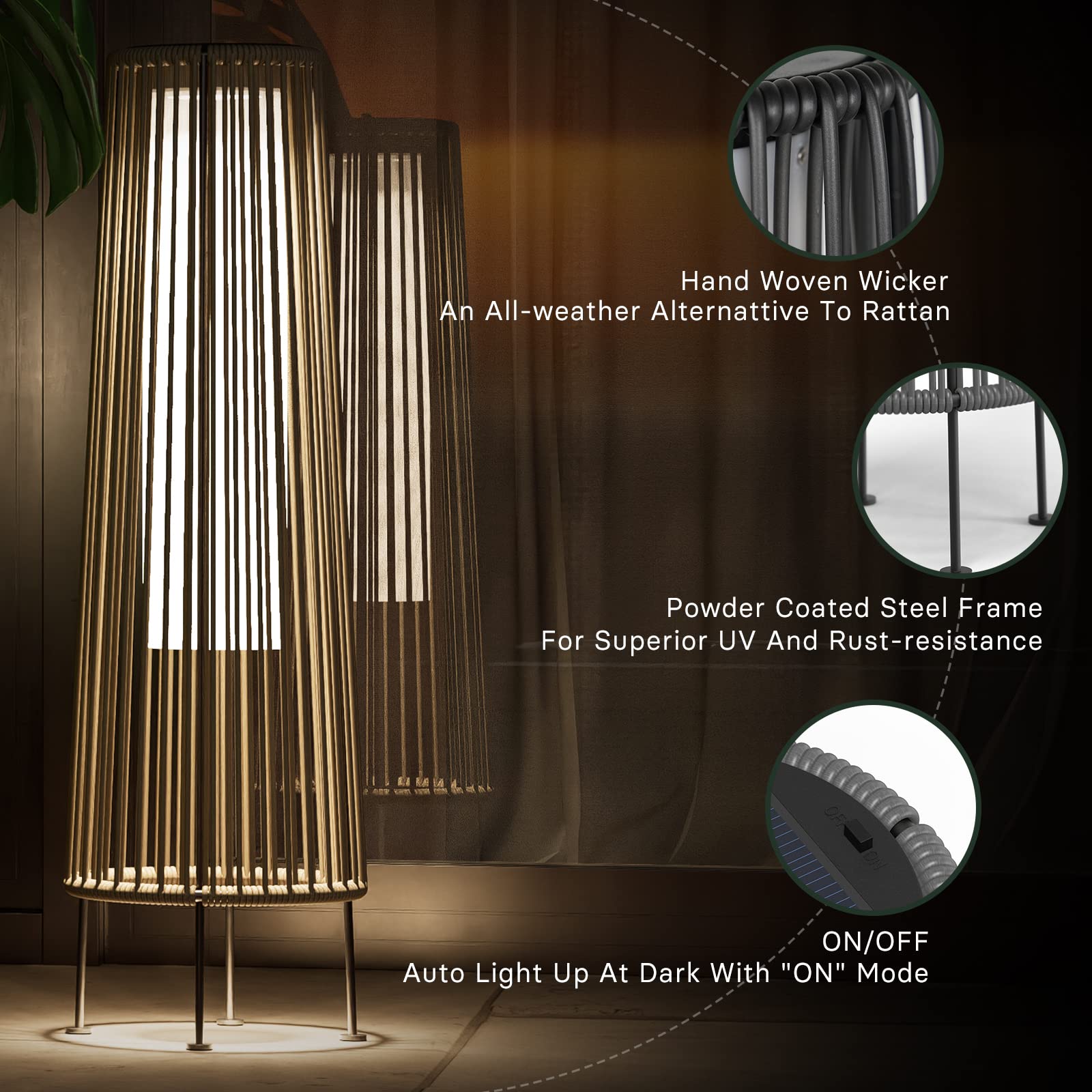 Waterproof Wicker Rattan Outdoor Solar Floor Lamp-Gordes