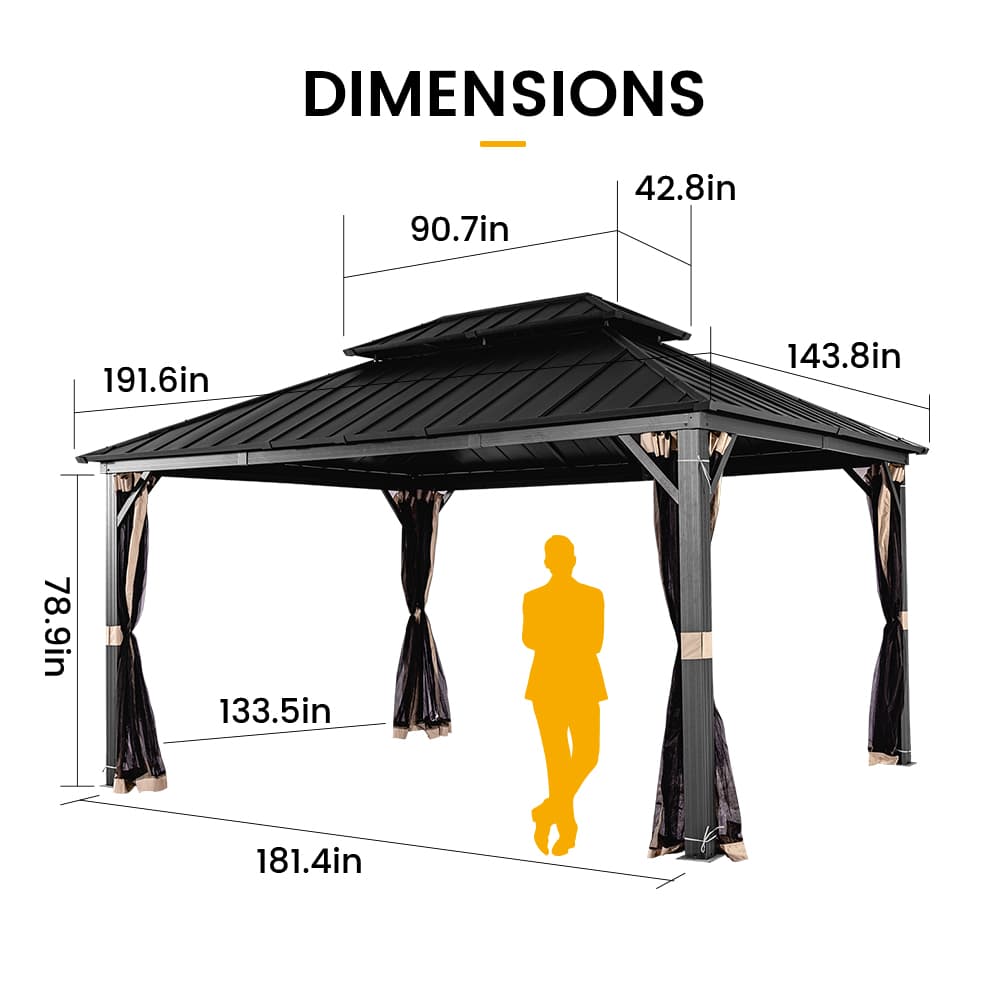 Olilawn 12' x 16' Andes Hardtop Gazebo with Double Roof & Netting