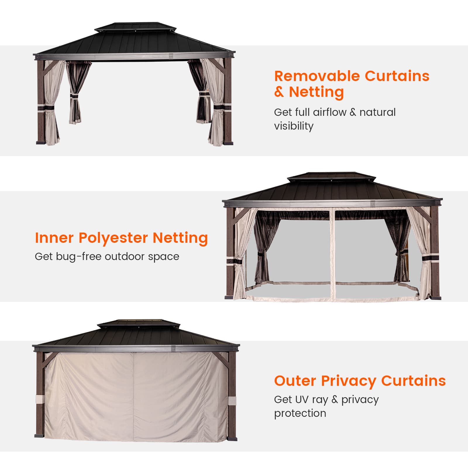 Olilawn 12' x 16' Alps Hardtop Gazebo with Double Roof, Aluminum Frame, Curtains & Netting